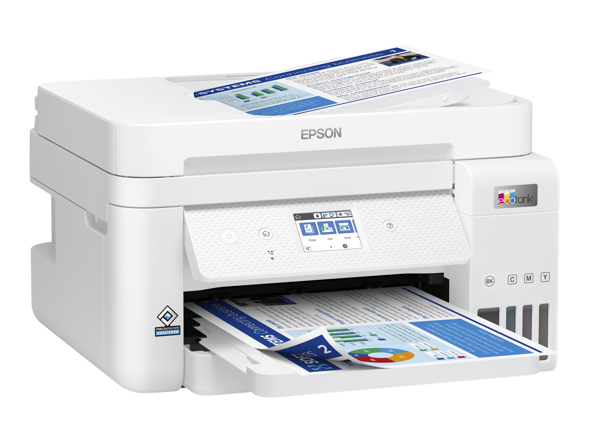 Weißer Epson-Drucker mit Papierausgabe. Mit Display und 'ECO TANK'. Papier auf dem Fach.