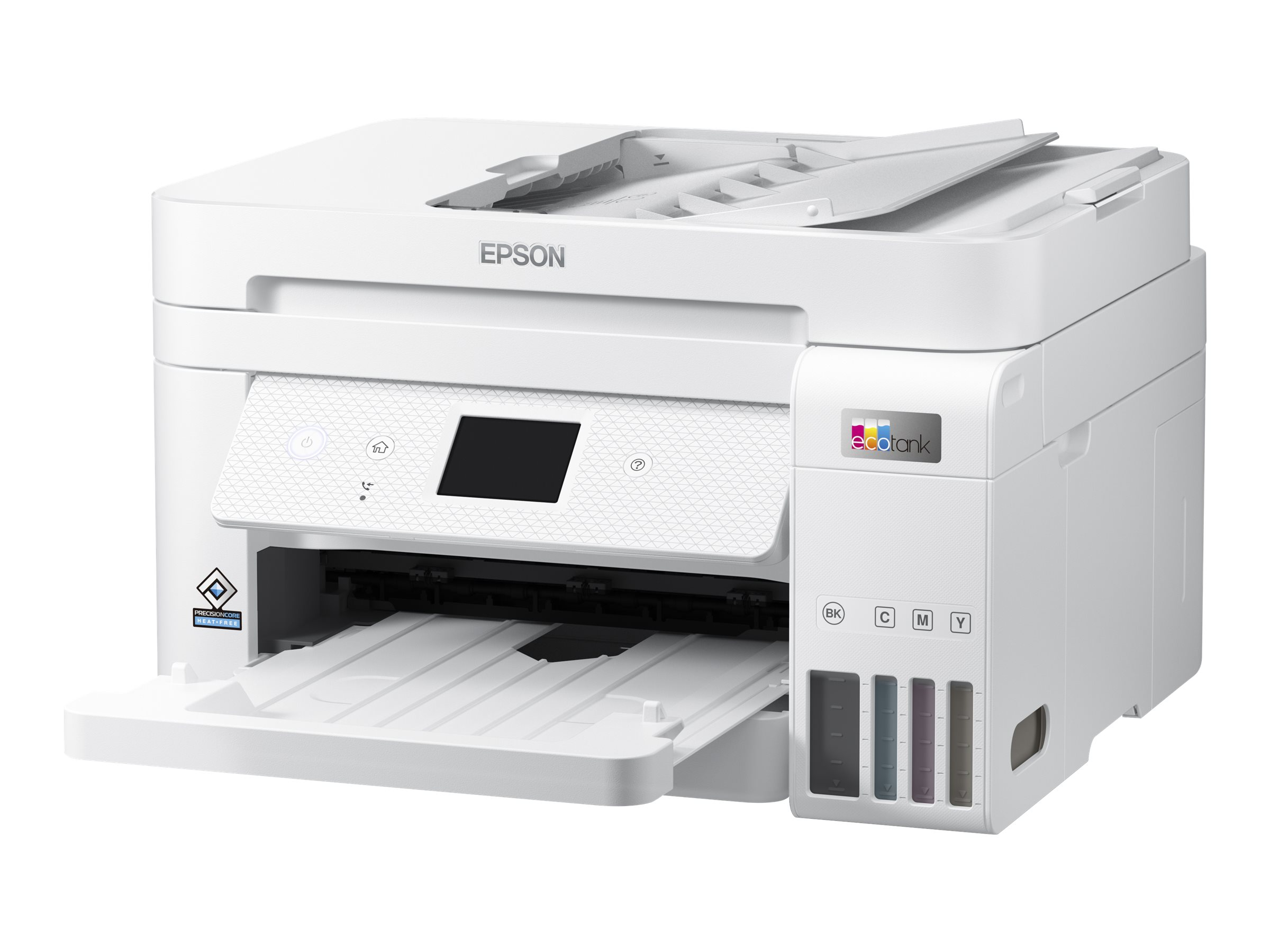 Weißer Epson-Drucker mit offenem Papierfach und Tintenbehältern an der Seite. Markenname sichtbar. Weißer Hintergrund.