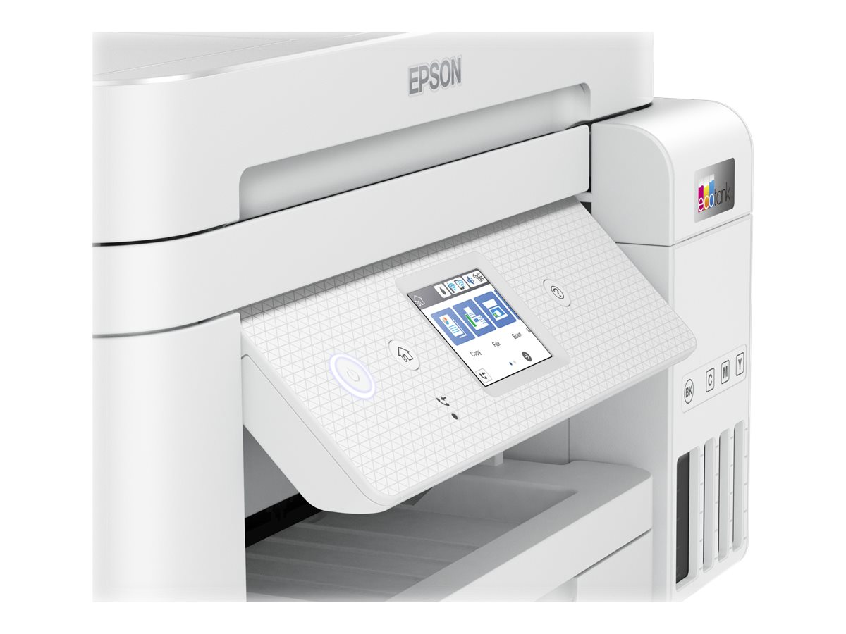 Nahaufnahme eines weißen Epson-Druckers mit Bedienfeld.
