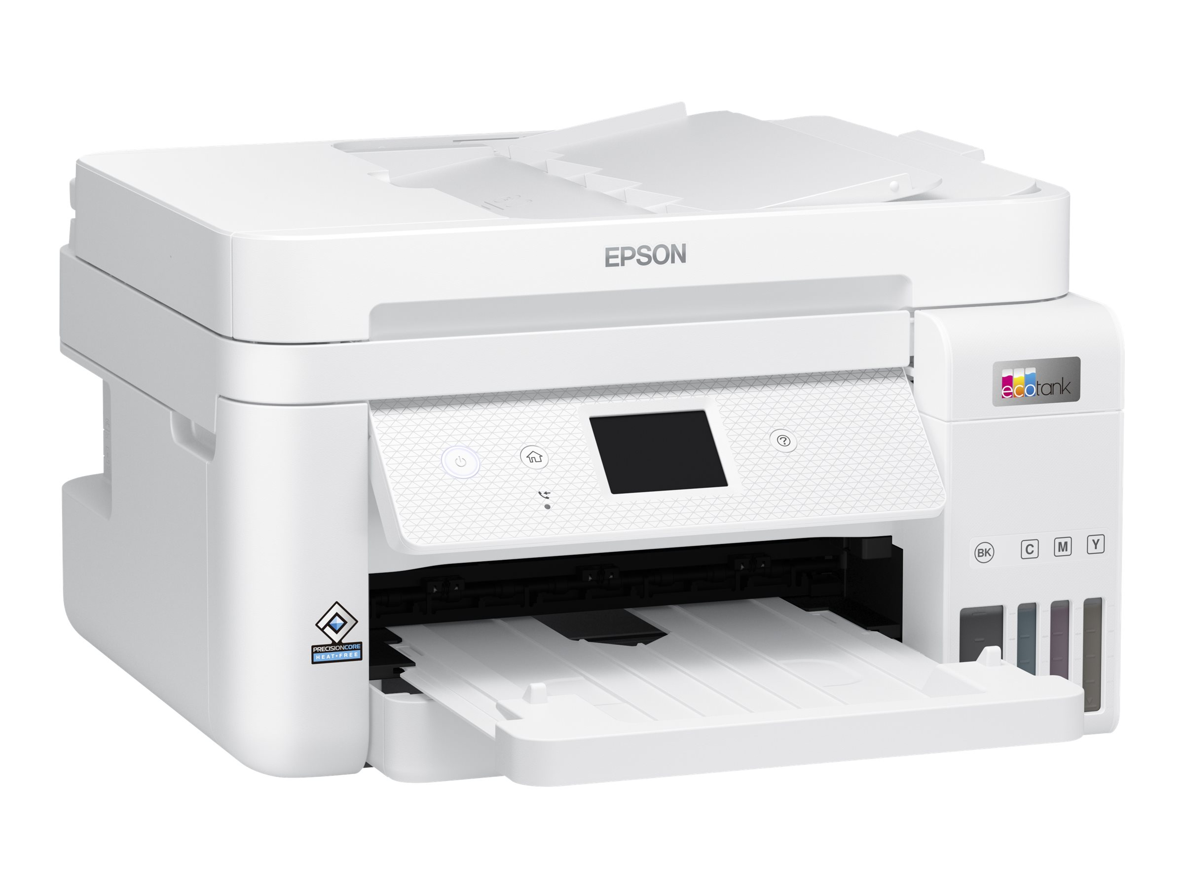 Weißer Epson-Drucker mit offenem Fach, Tintenbehältern und Bedienfeld.