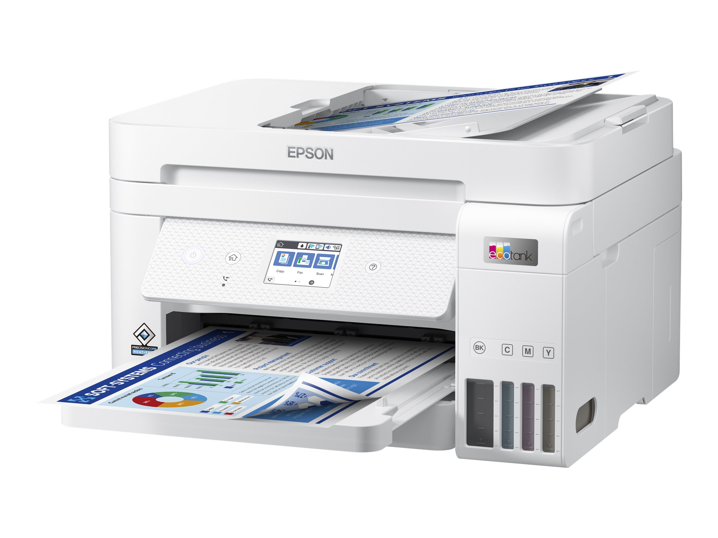 Weißer Epson-Drucker mit offenem Papierfach und Dokumenten. Farbige Tintenbehälter sind sichtbar.