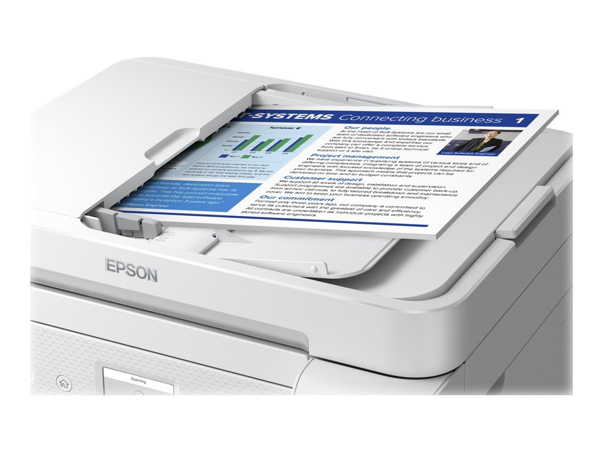 Ein Epson-Drucker wird gezeigt, mit einem Dokument im Scanner. Der Drucker ist weiß und hat einen Flachbettscanner.