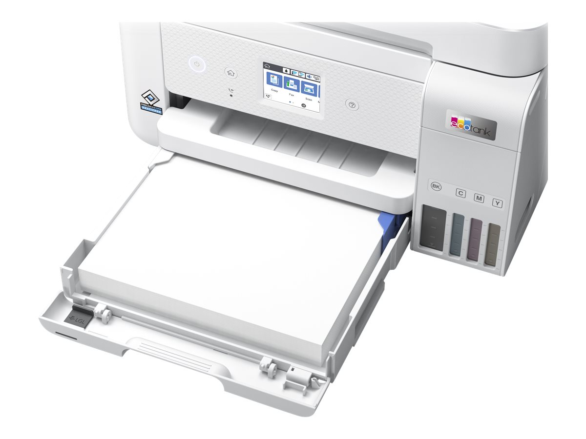 Ein Epson-Drucker mit weißem Papier im Fach. Der Drucker hat einen Touchscreen und Tintenbehälter.