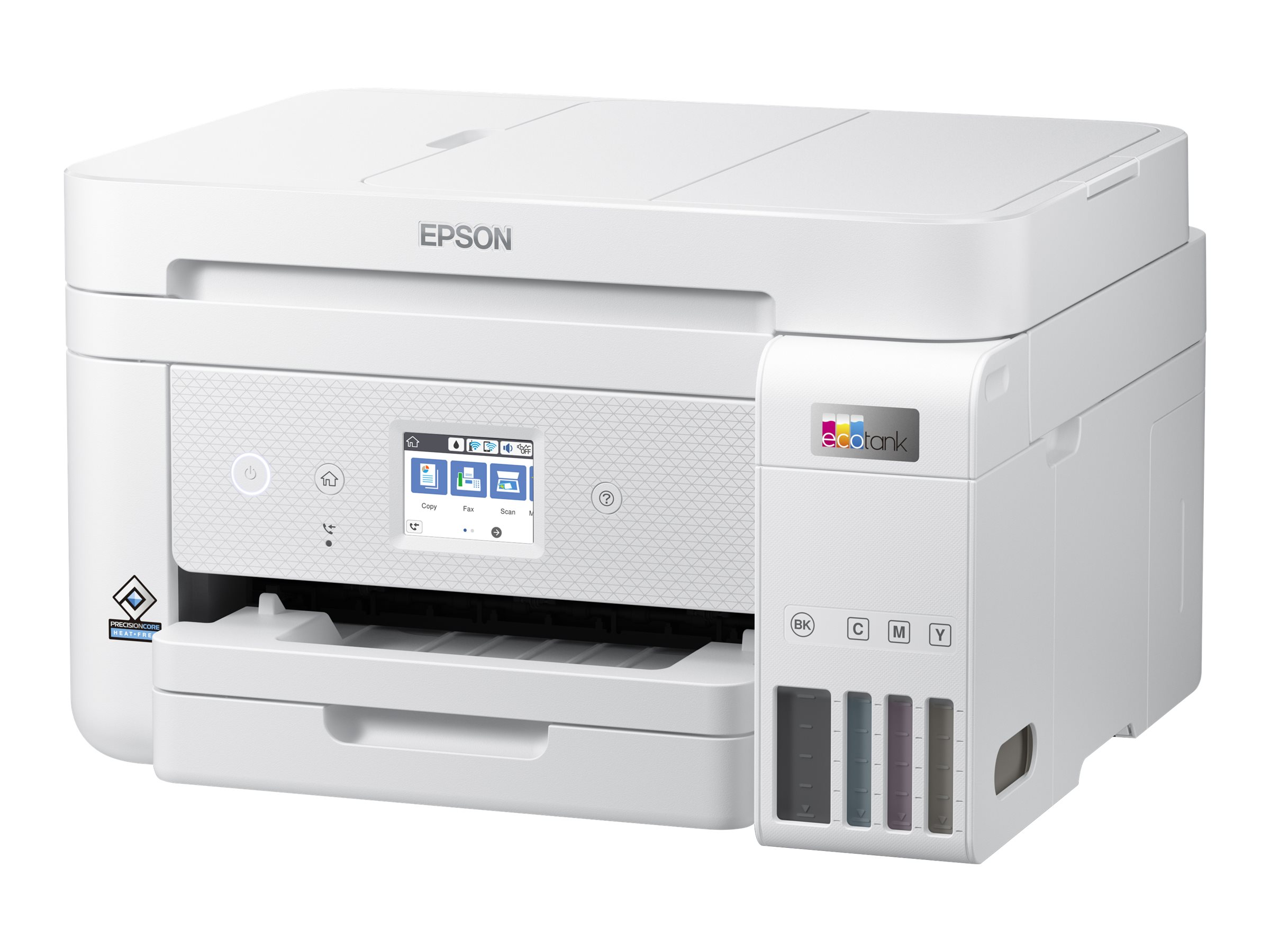 Weißer Epson EcoTank-Drucker. Funktionen: Kopieren, Faxen und Scannen. Er hat Tintenbehälter mit Schwarz, Cyan, Magenta und Gelb.