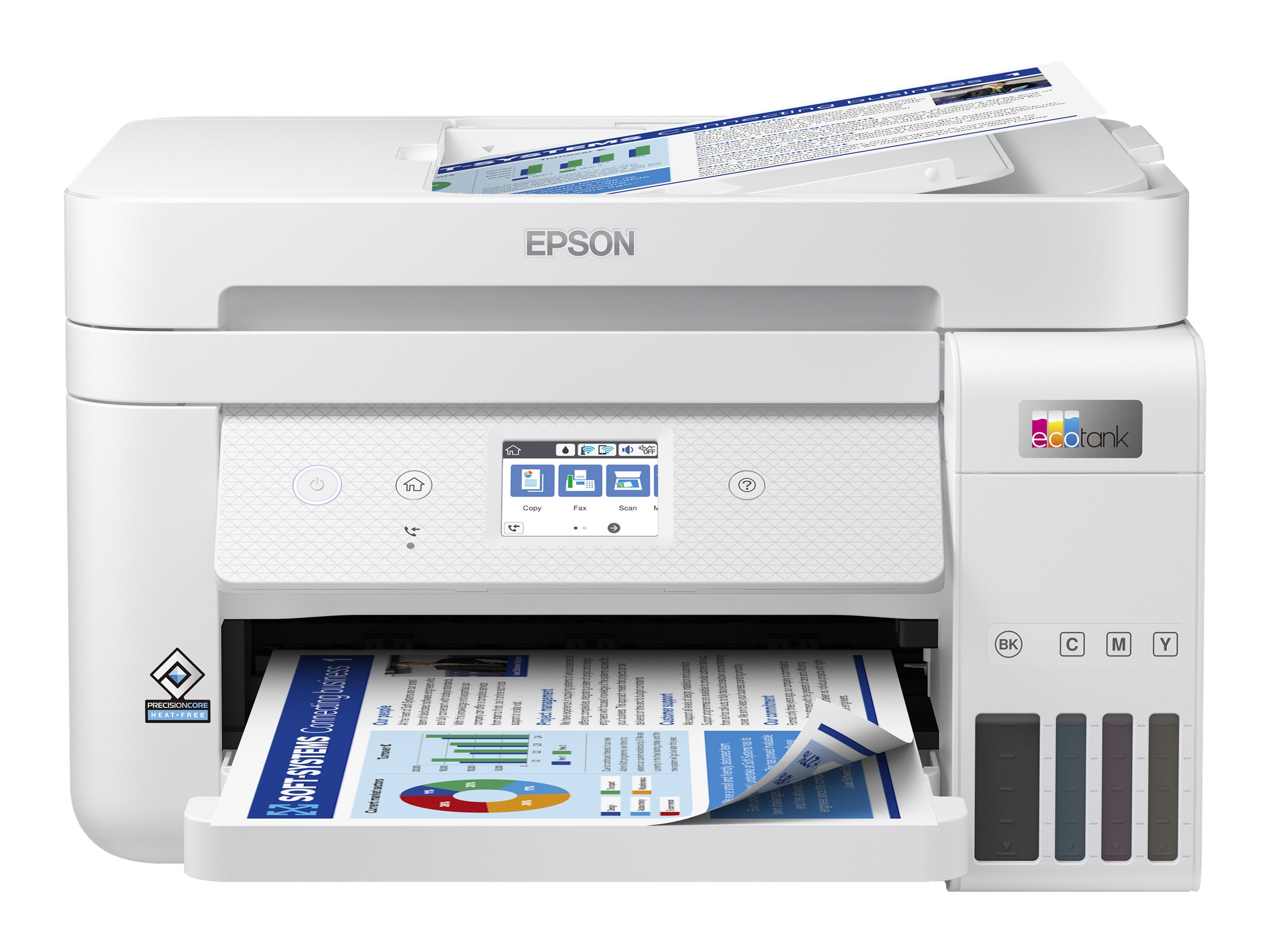 Weißer Epson Drucker, Frontansicht, Papierausgabe, Farbdruck, weißer Hintergrund. Anzeigen sind sichtbar.