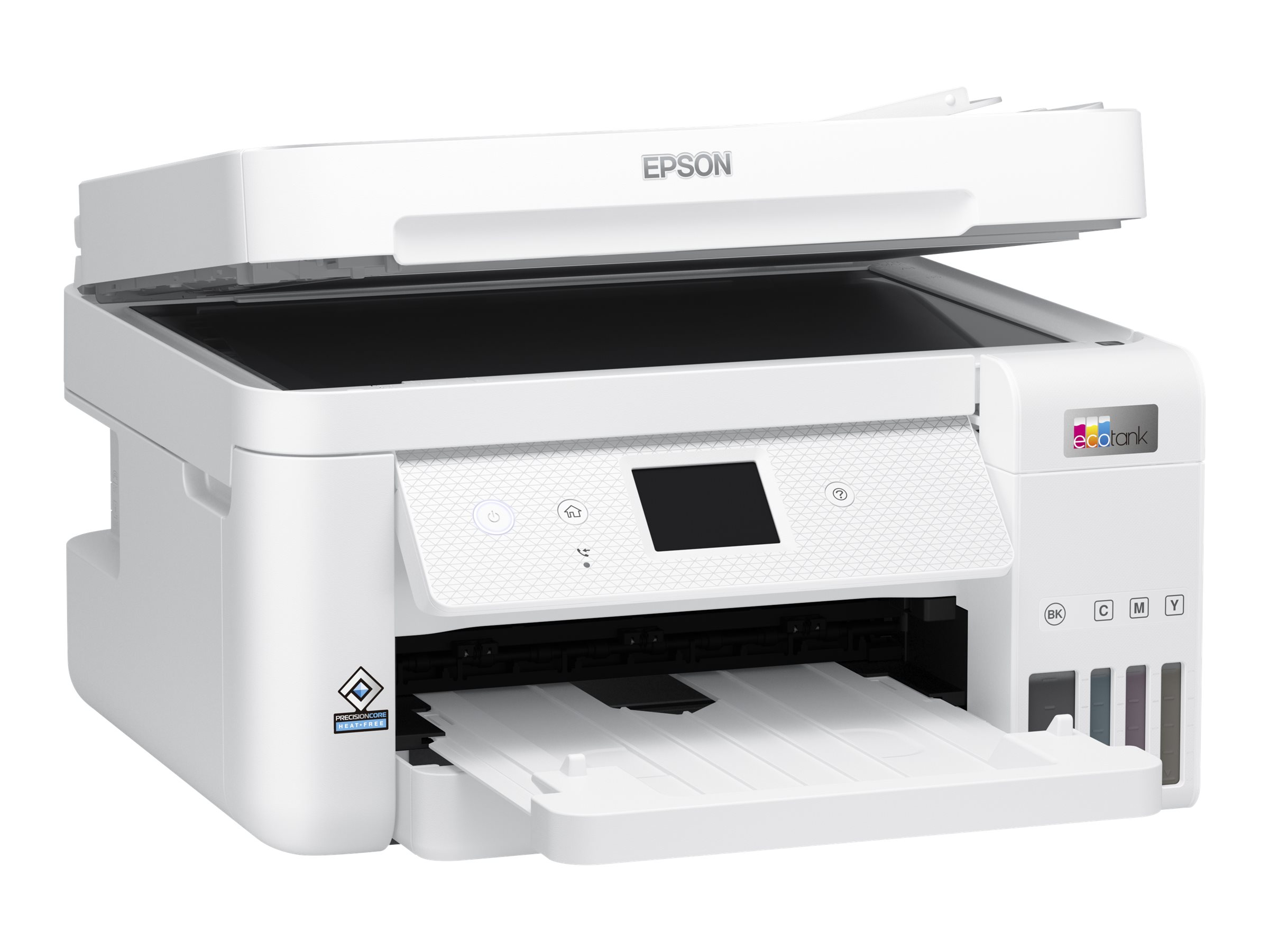 Weißer Epson-Drucker mit offenem Deckel, ausgezogenem Papierfach und kleinem Bildschirm.