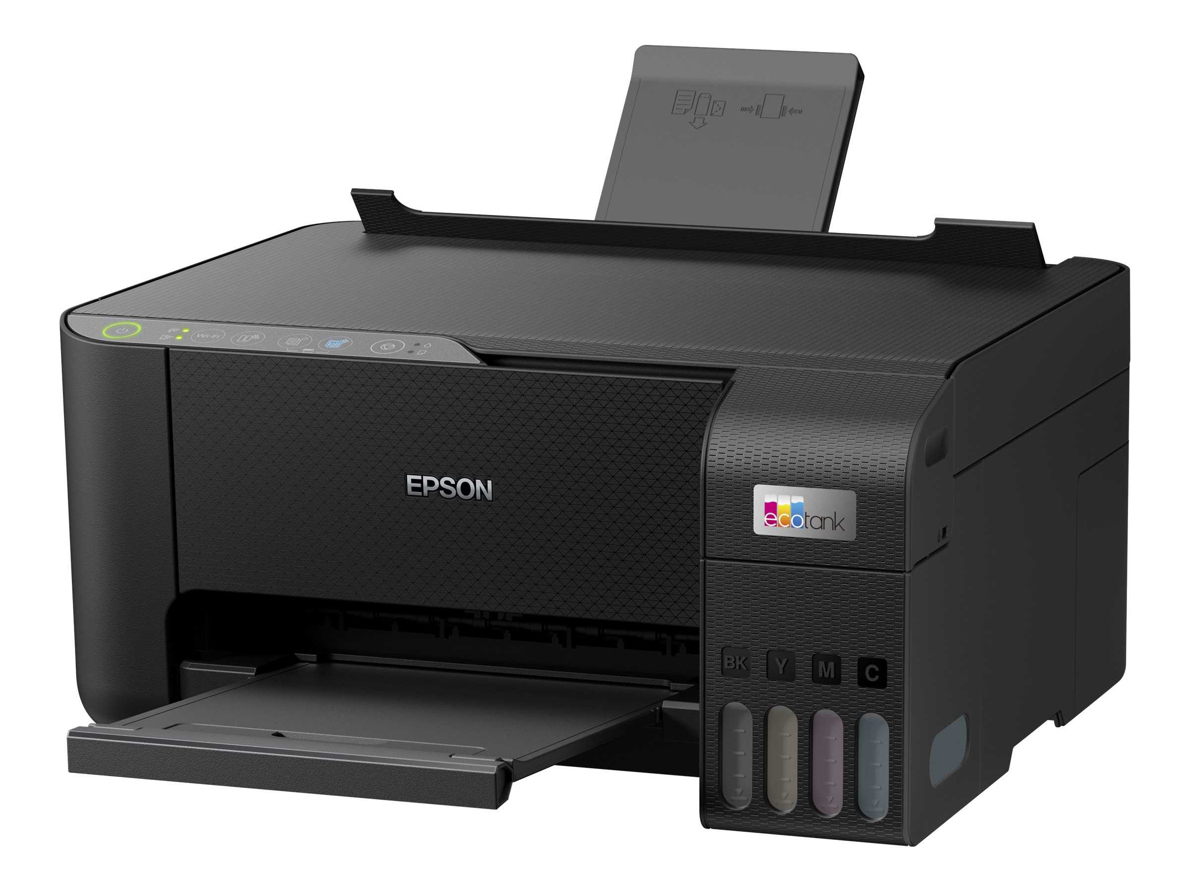 Ein schwarzer Epson EcoTank-Drucker mit Tintenflaschen auf der rechten Seite.