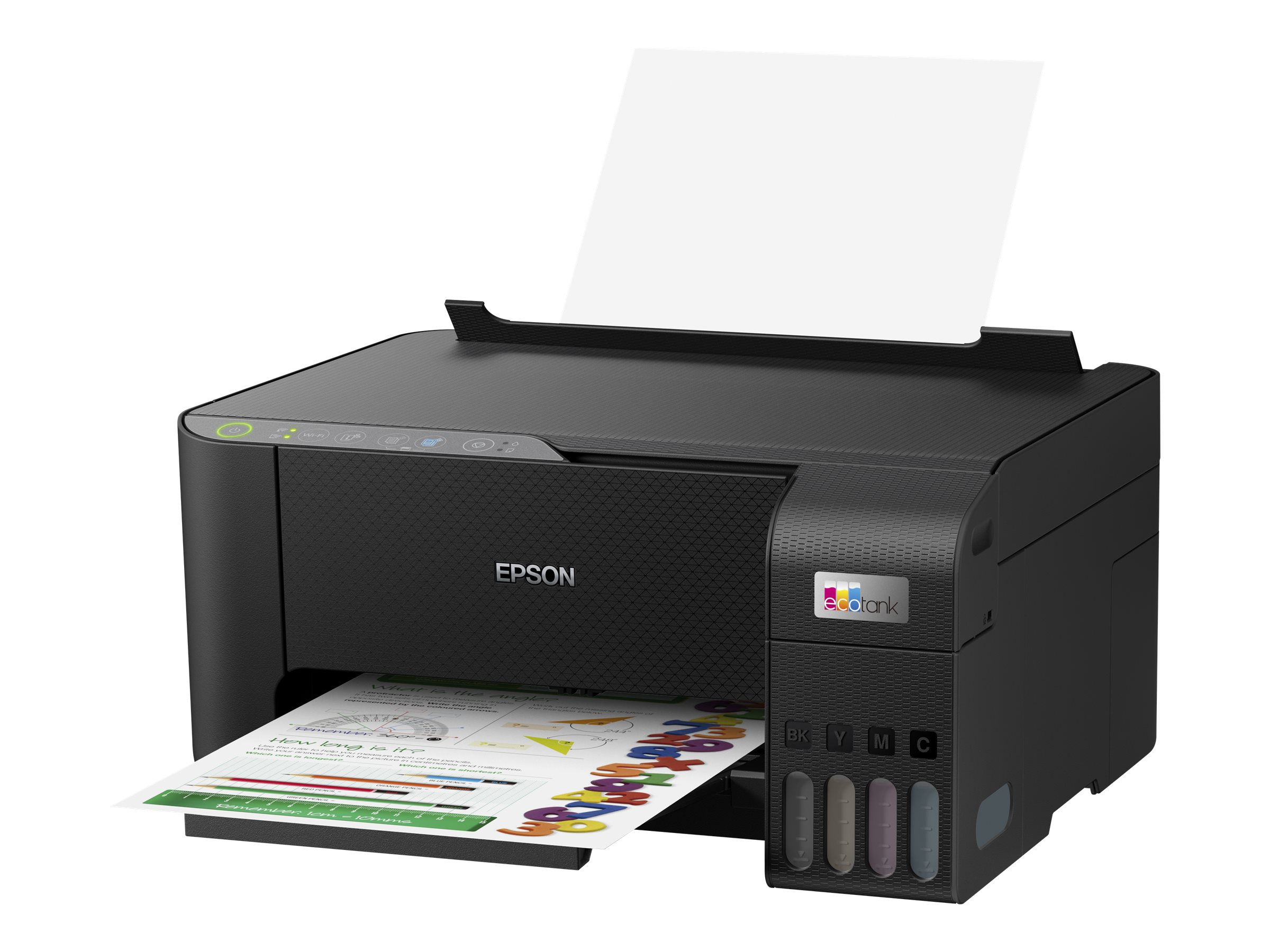 Schwarzer Epson-Drucker mit offenem Deckel, Papier und Tintenbehältern.
