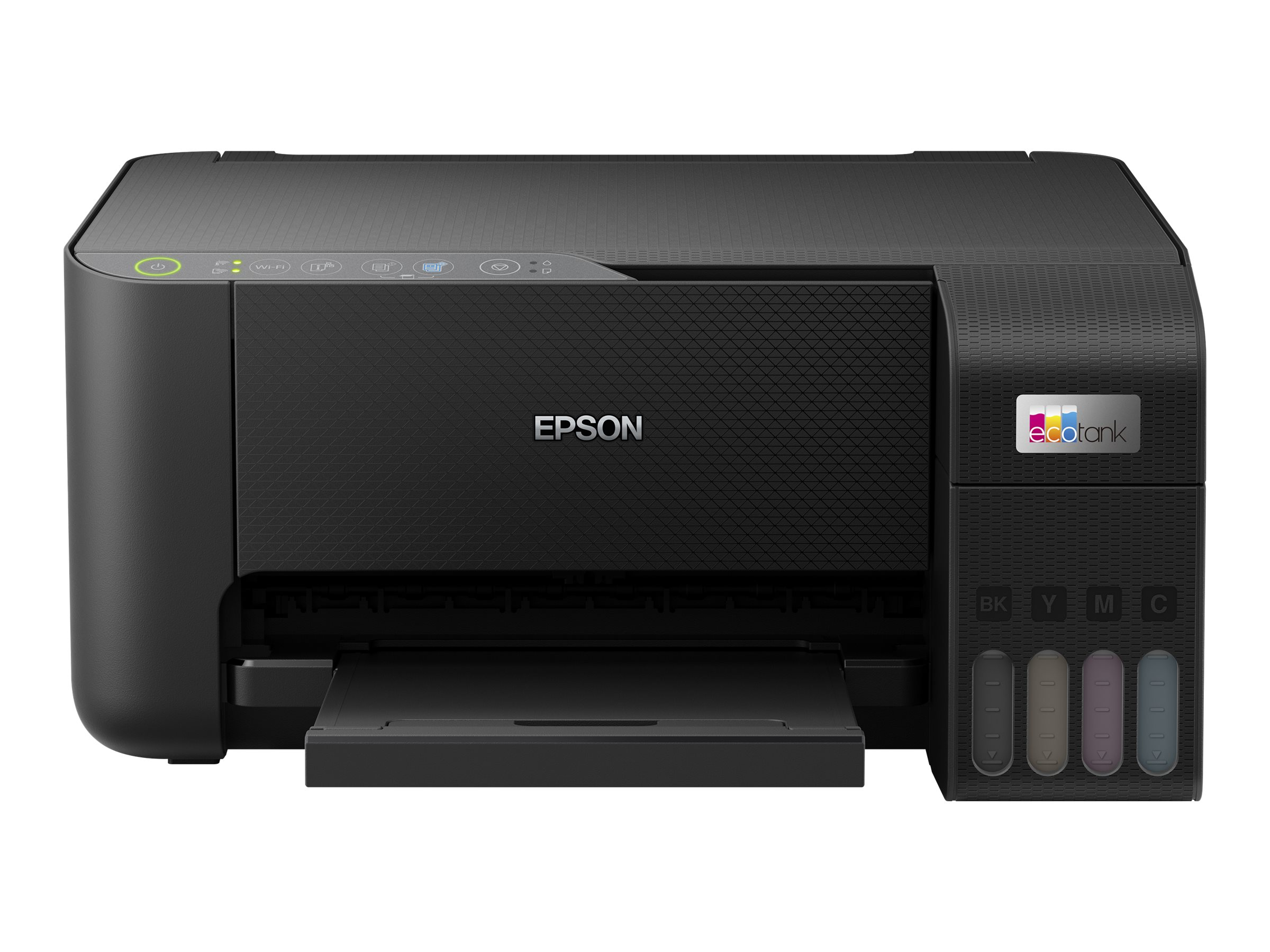 Schwarzer Epson-Drucker mit Papierfach. Der Drucker steht auf einer weißen Oberfläche.
