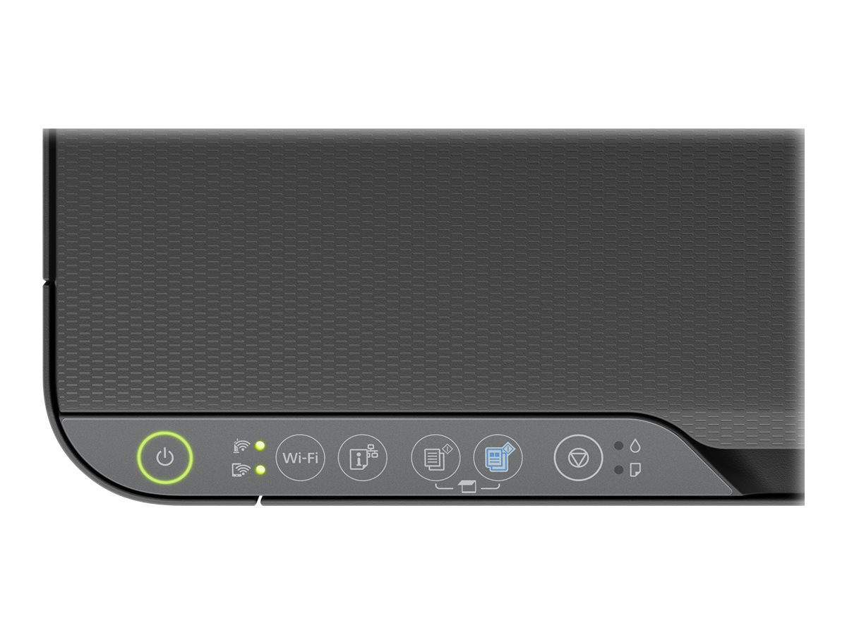 Nahaufnahme des Epson-Drucker-Bedienfelds mit Ein-/Aus- und Wi-Fi-Tasten und -Symbolen.
