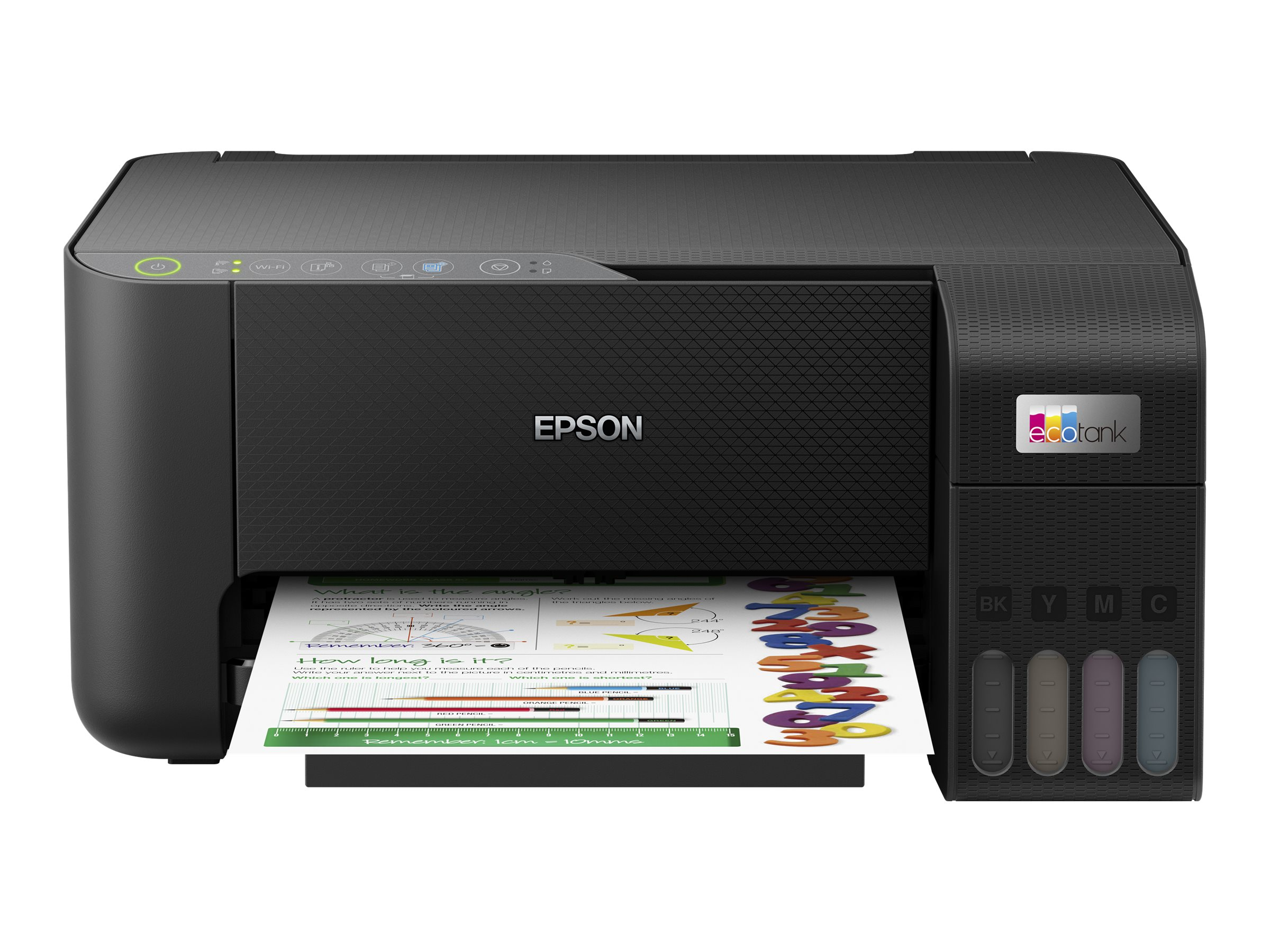 Schwarzer Epson-Drucker. Ein Blatt Papier wird bedruckt. Die Tintenbehälter befinden sich rechts.