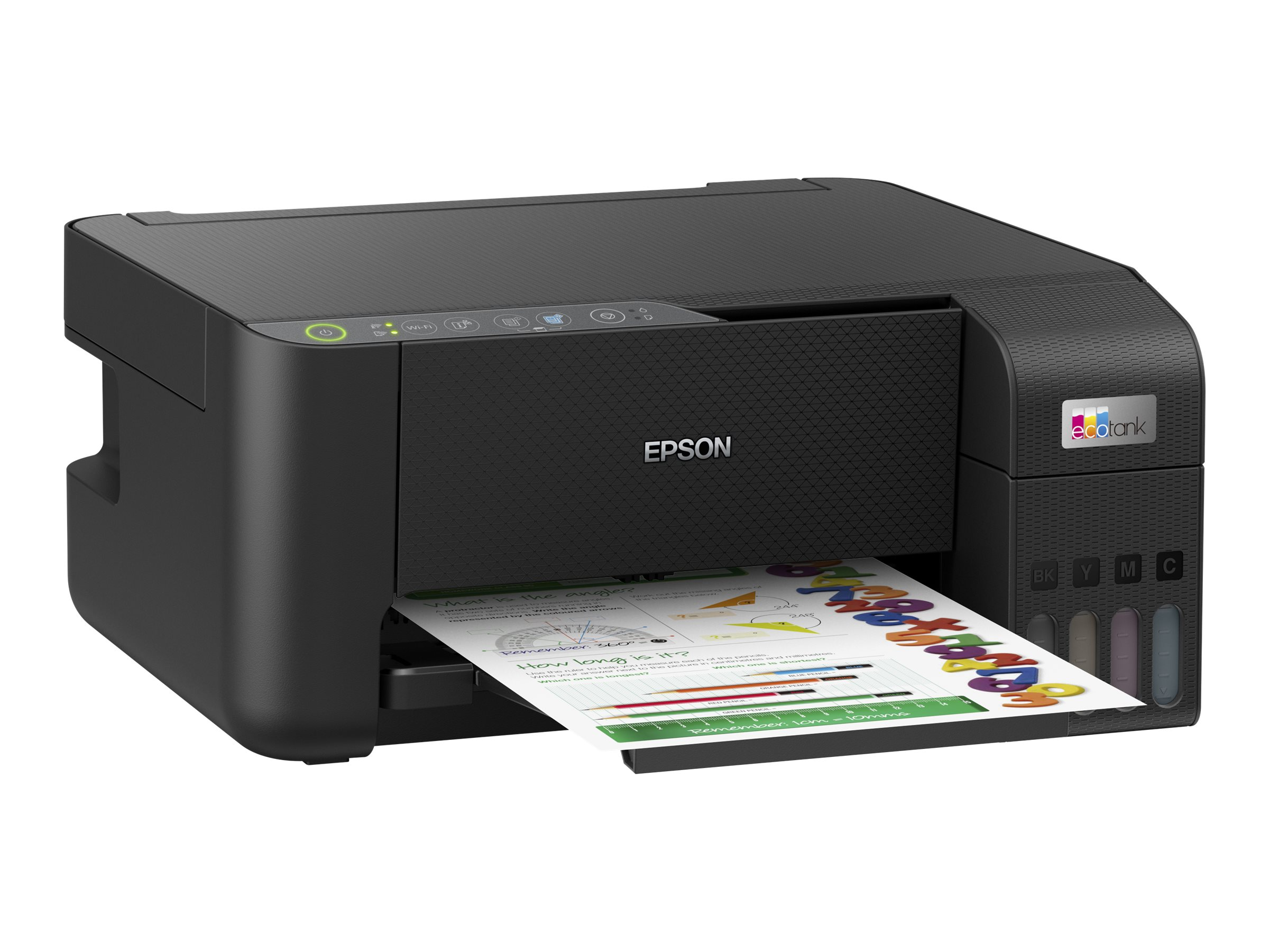 Schwarzer Epson EcoTank Drucker druckt ein farbenfrohes Dokument. Weißes Papierfach. Weißer Hintergrund.