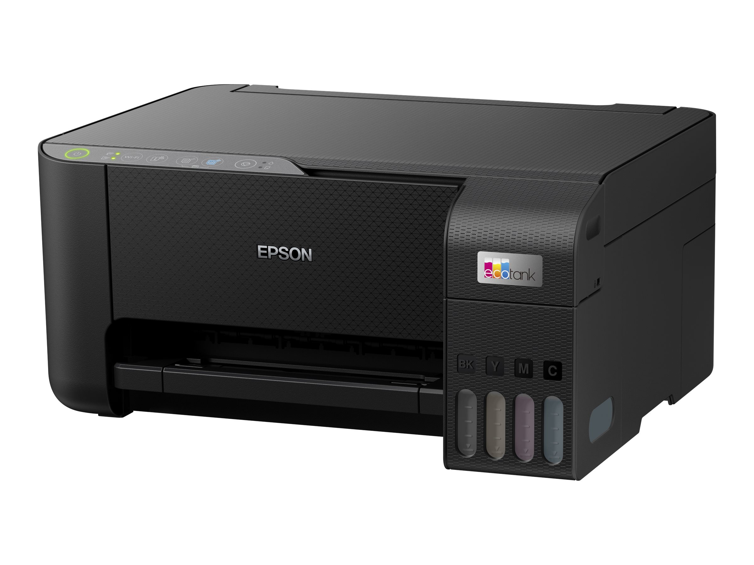 Schwarzer Epson EcoTank Drucker mit sichtbaren Tintenbehältern.