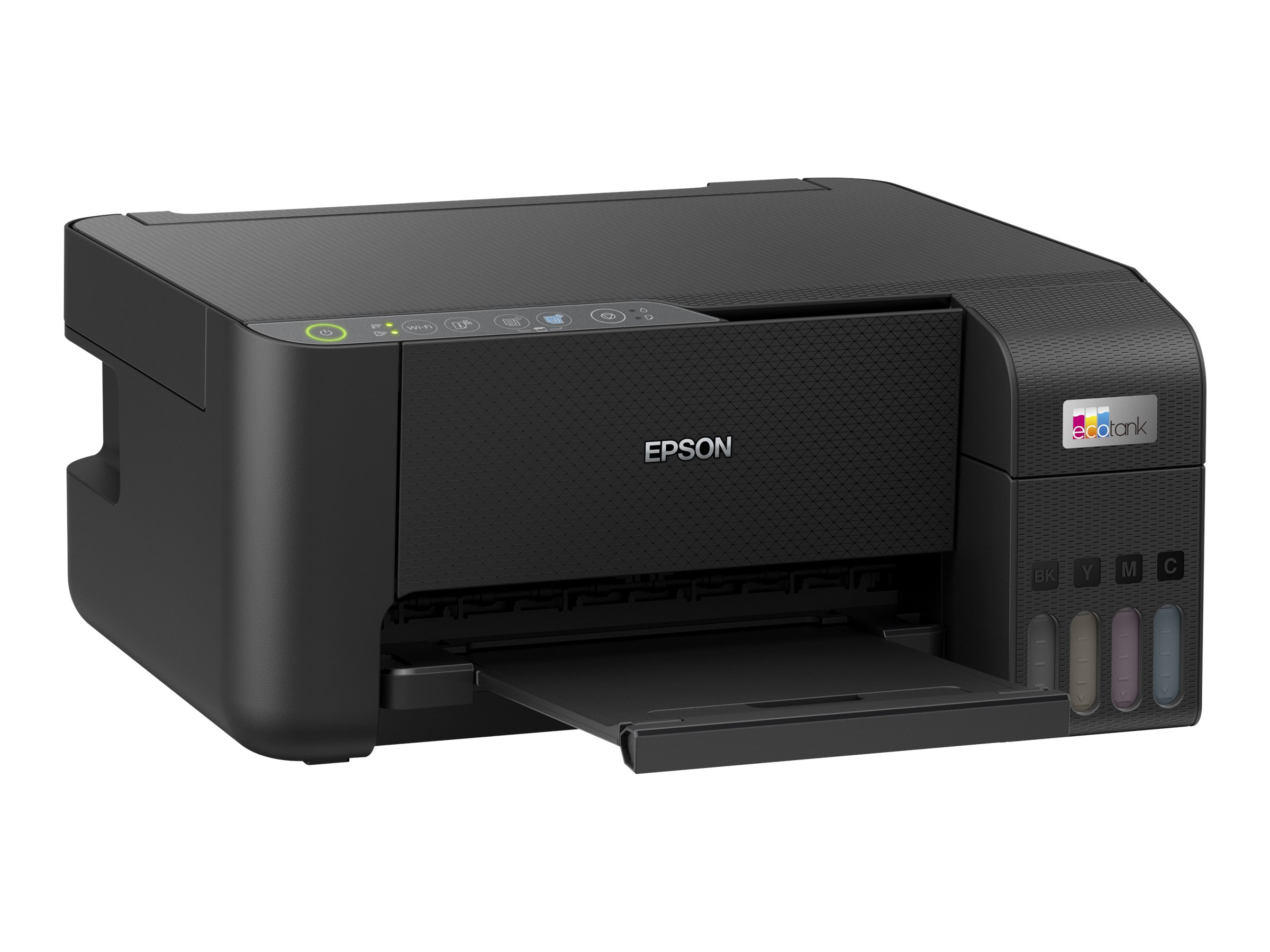 Ein schwarzer Epson EcoTank-Drucker mit Fach, Tintenbehältern und Steuertasten.