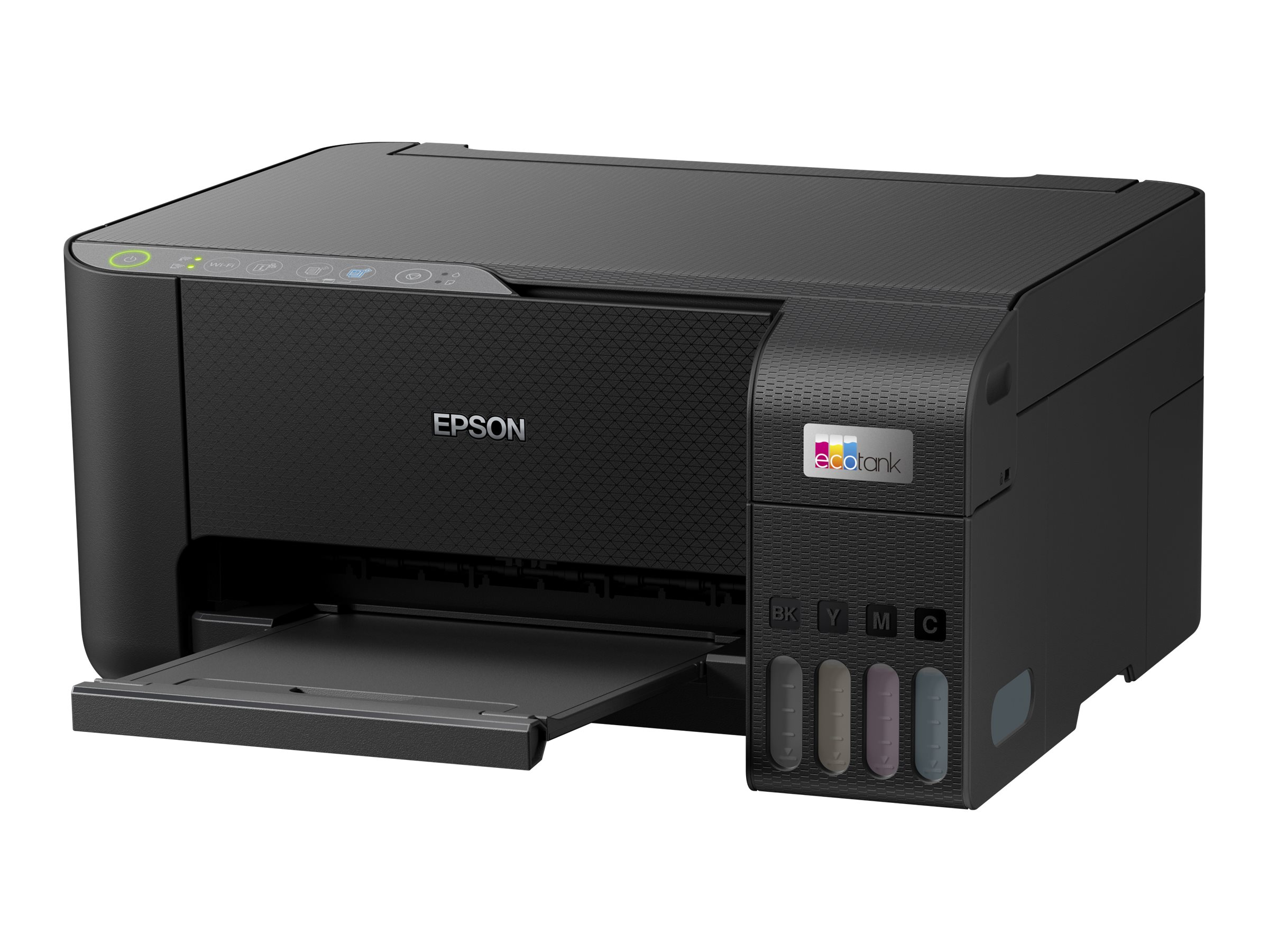 Schwarzer Epson-Drucker mit offenem Papierfach und sichtbaren Tintenpatronen.