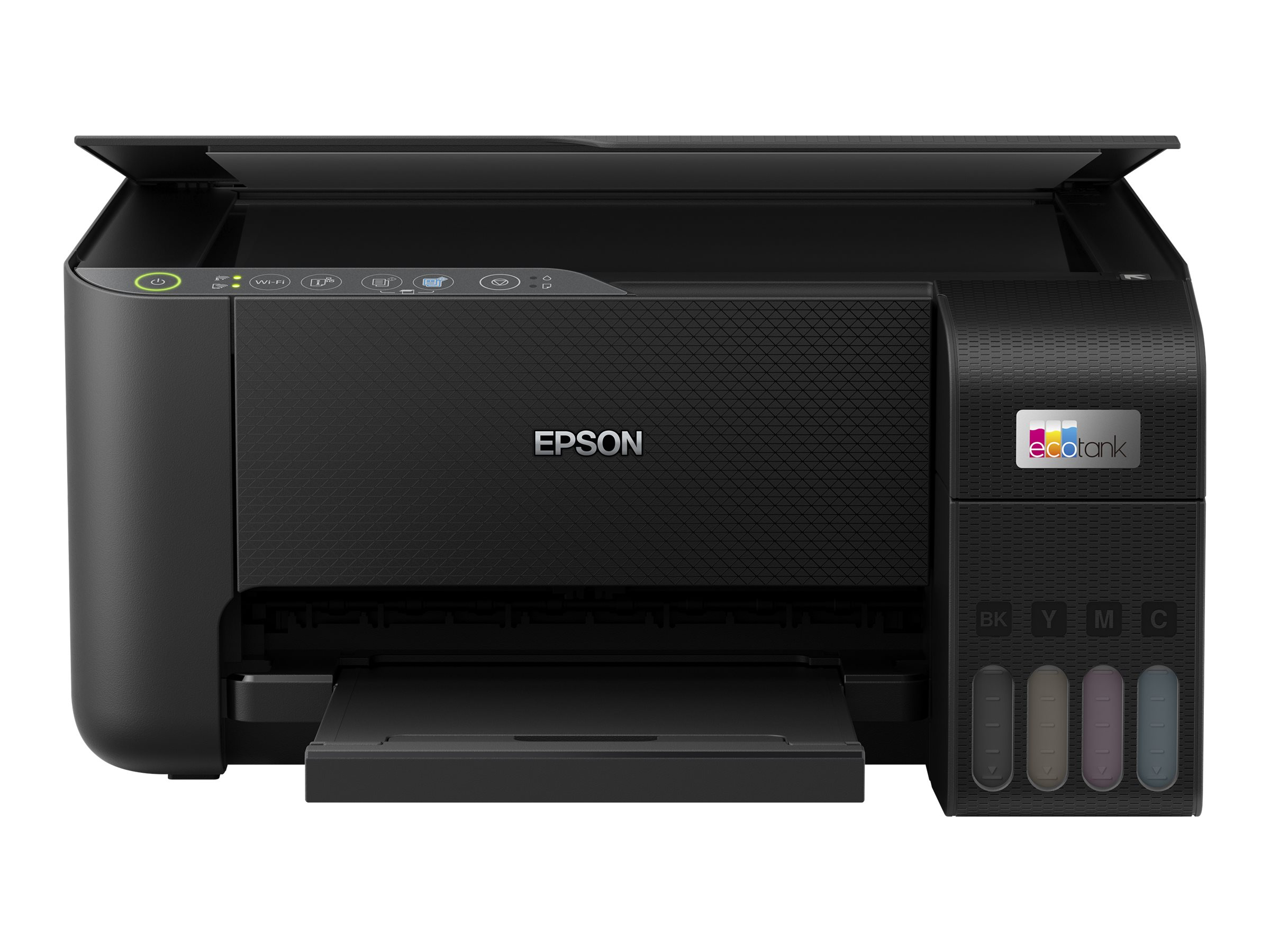 Schwarzer Epson-Drucker mit offenem Deckel und Papierfach. Zeigt Tintenbehälter.
