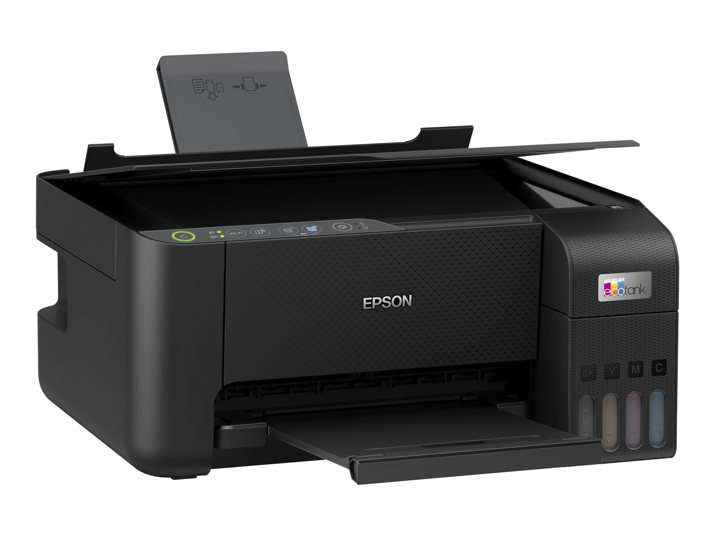 Ein schwarzer Epson-Drucker mit Papierschublade und Tintenbehältern. Er hat ein quadratisches Design und steht auf Weiß.