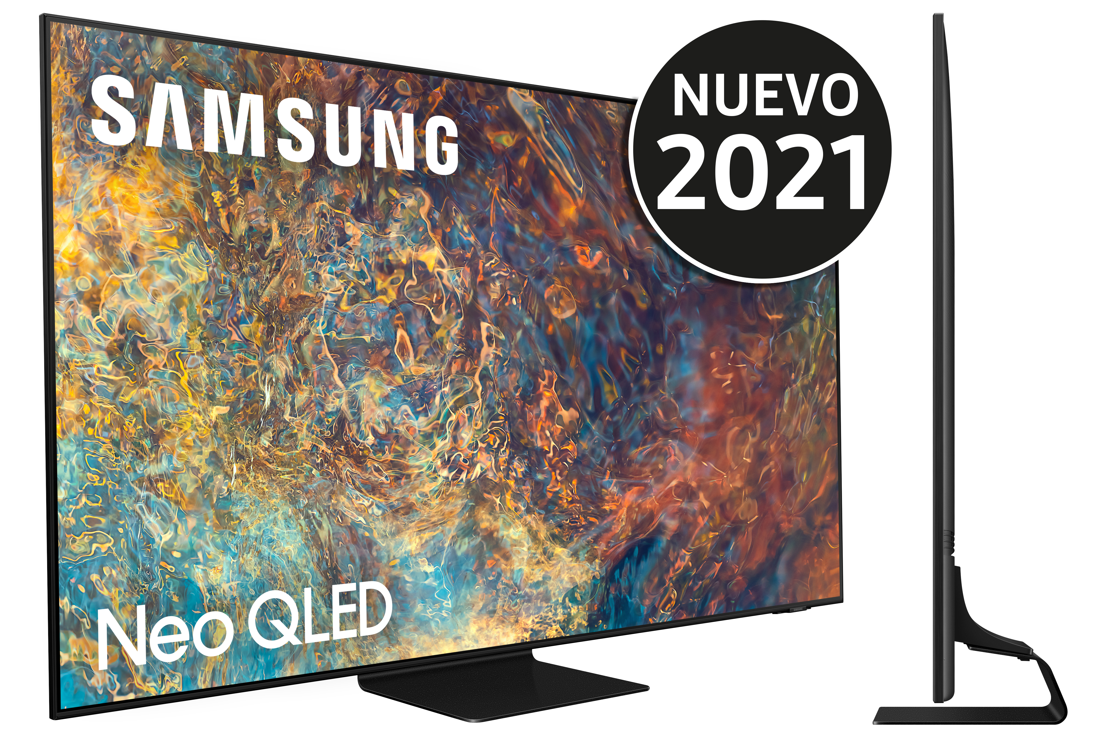Un televisor Samsung Neo QLED con una pegatina 'Nuevo 2021' y una vista lateral.