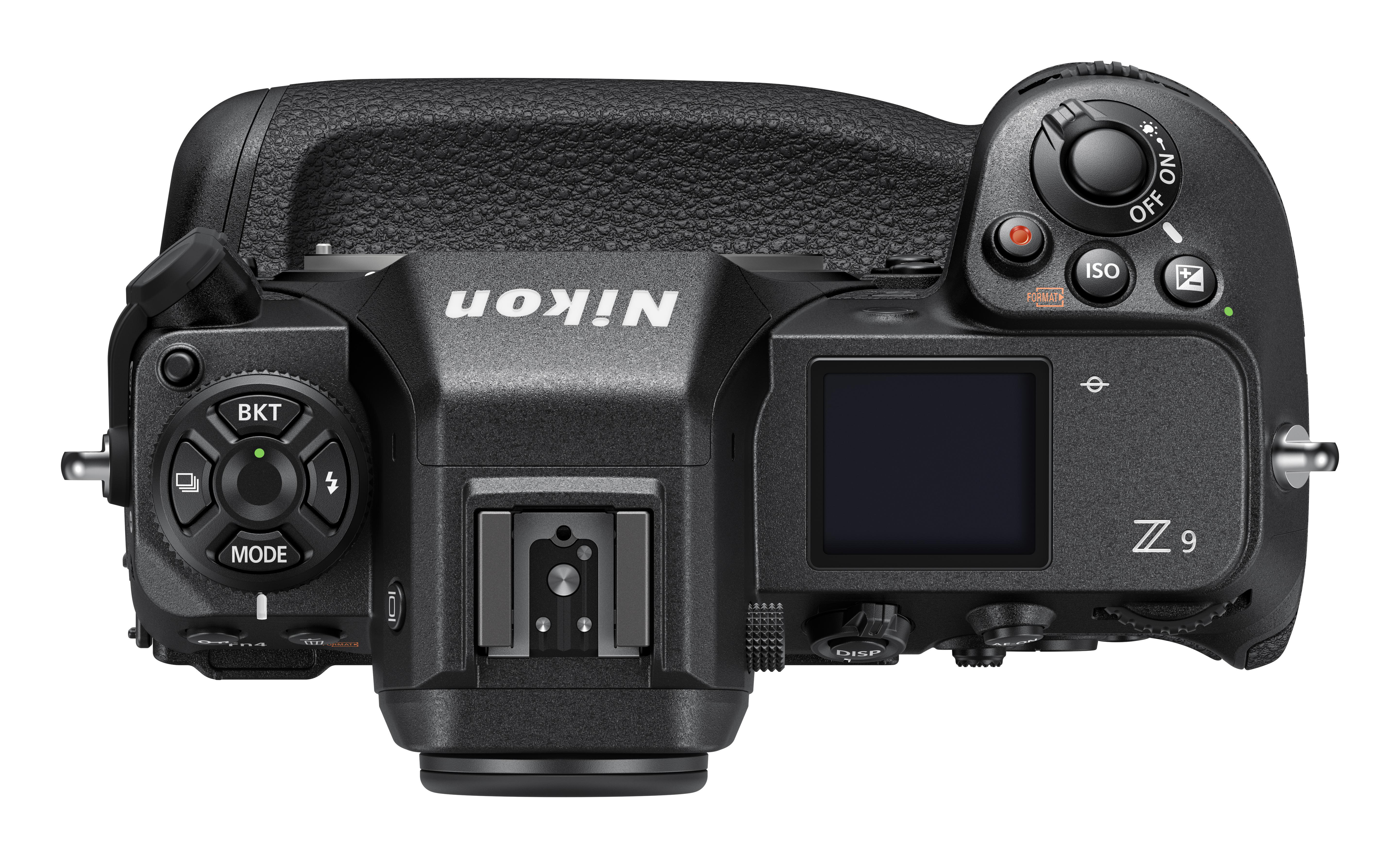 Draufsicht auf eine Nikon Z9 Kamera, die Knöpfe und Bedienelemente zeigt.