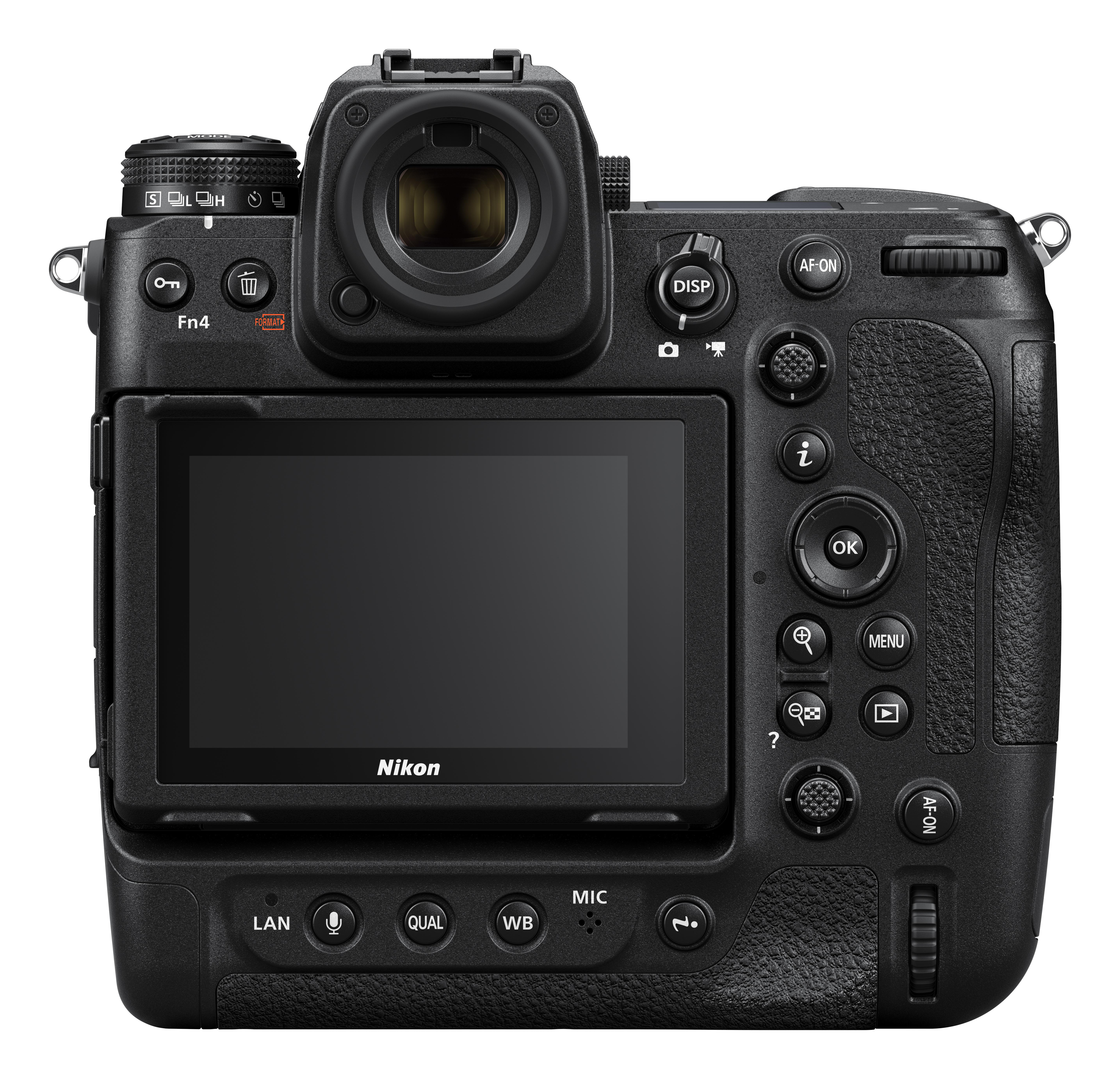 Rückansicht einer schwarzen Nikon-Kamera mit mehreren Knöpfen, einem Bildschirm und einem prominenten Objektivanschluss.
