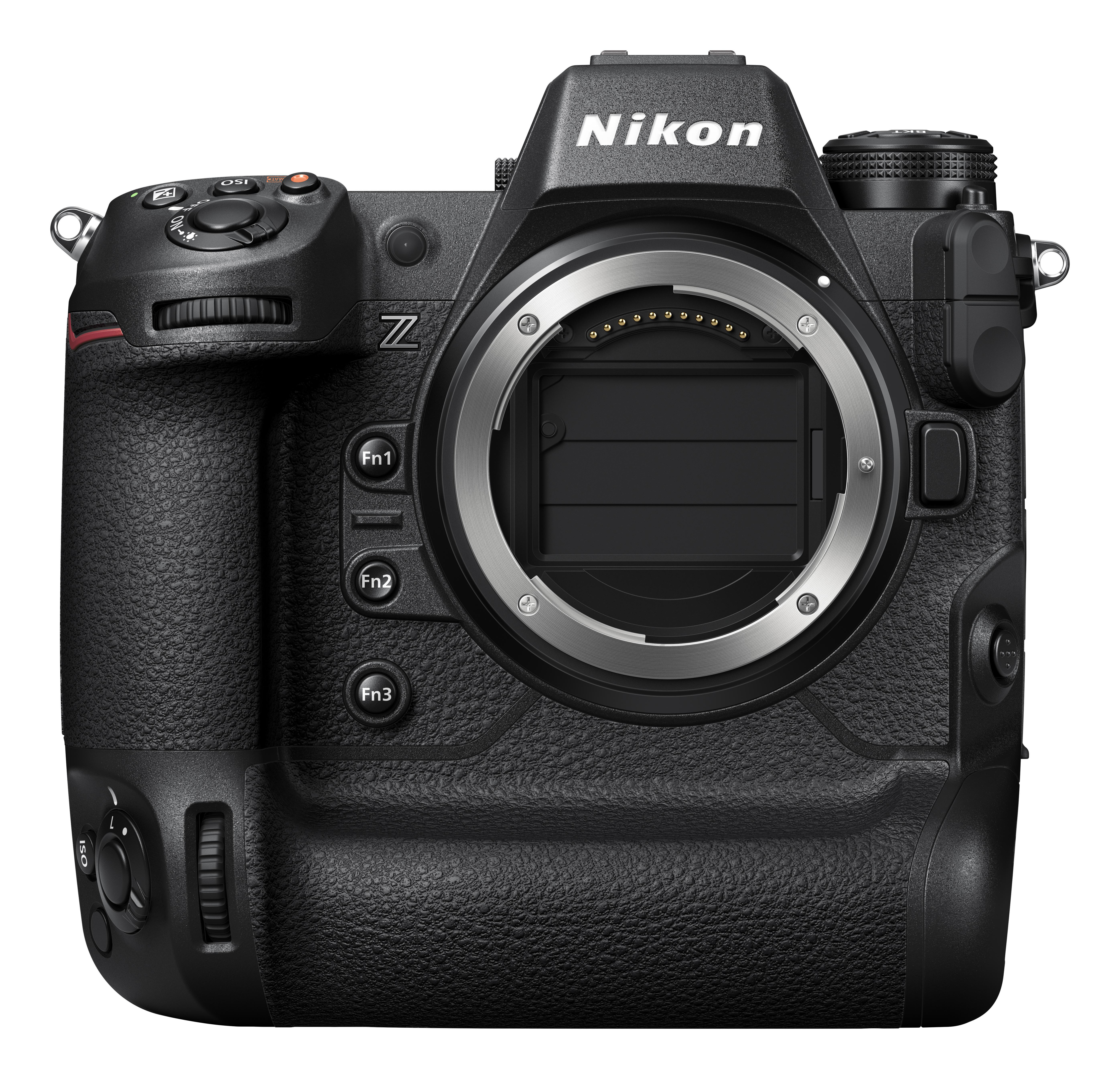 Eine schwarze Nikon Z-Serie Kamera. Sie hat ein Objektivbajonett, Griff, Knöpfe und das Nikon-Logo oben.
