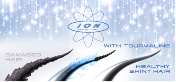 Bild, das Haarschäden und gesundes Haar zeigt. Text: ION TECHNOLOGY WITH TOURMALINE.