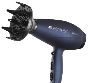 Blauer Haartrockner mit Diffusoraufsatz. Es ist die Marke 'Trisa'. Die Farbe ist dunkelblau.
