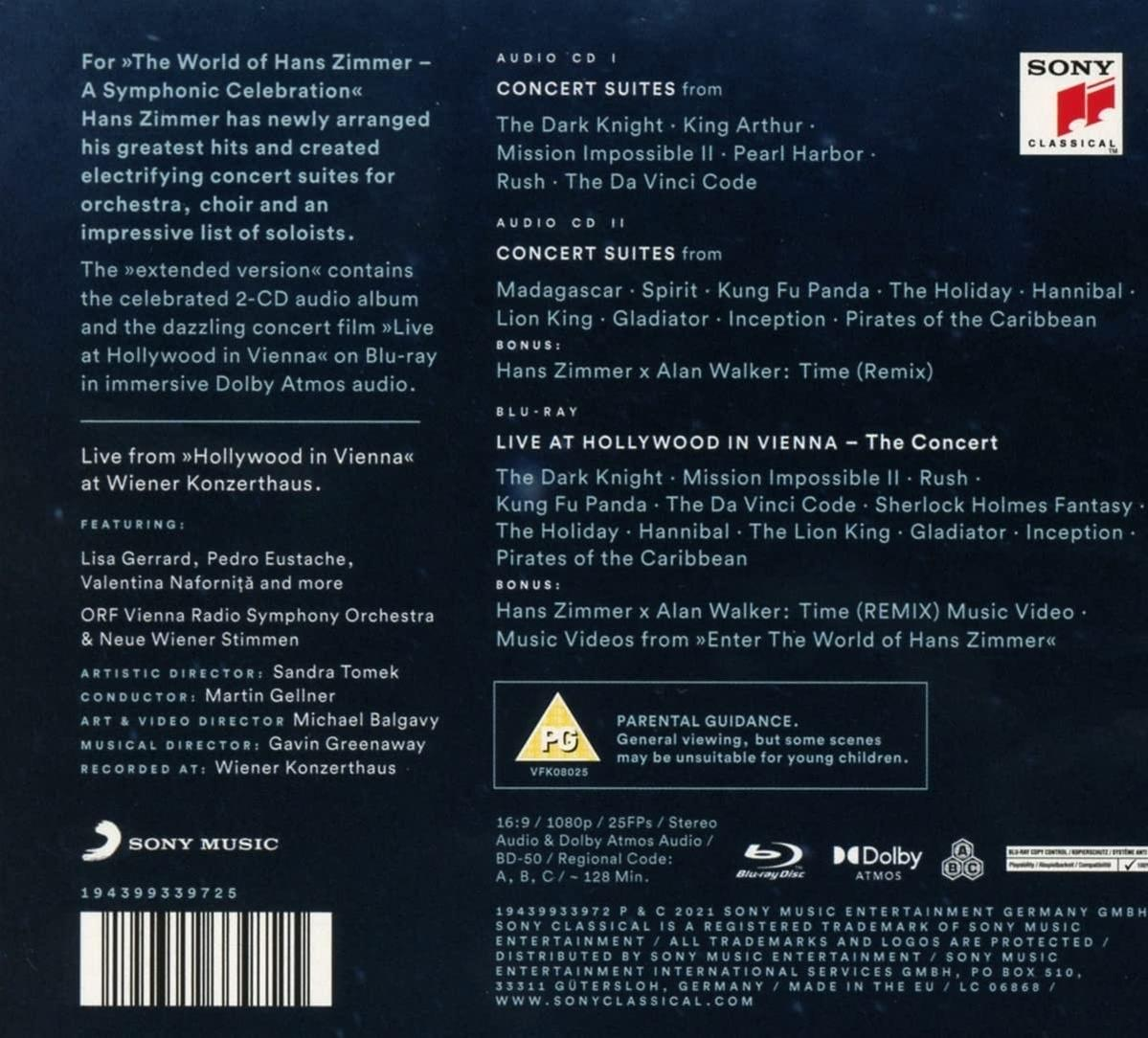 CD-borító szöveggel és logókkal. Hans Zimmer koncertszvitjeit és Sony logókat tartalmaz.