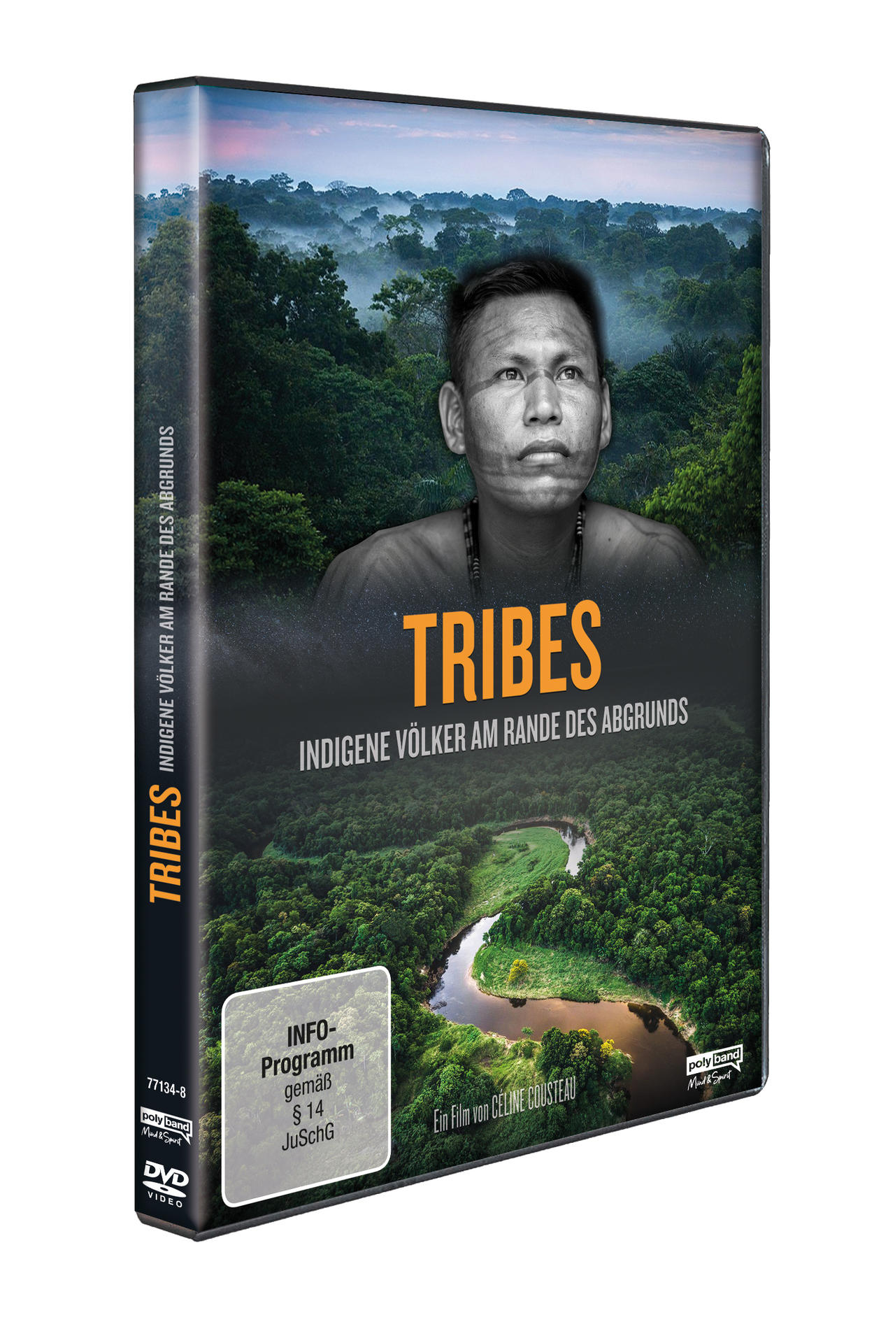 DVD-Cover von 'Tribes' mit einem einheimischen Mann und einer Regenwaldszene.