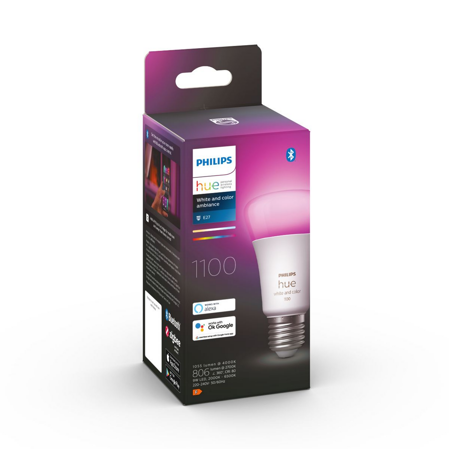 Una bombilla inteligente Philips Hue en su caja. La caja muestra un esquema de color rosa y blanco.