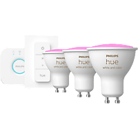 Kit iluminación - Philips Hue GU10, Luz Blanca y Colores, 3W, Control voz, 3 uds. + Interruptor + Hue Bridge