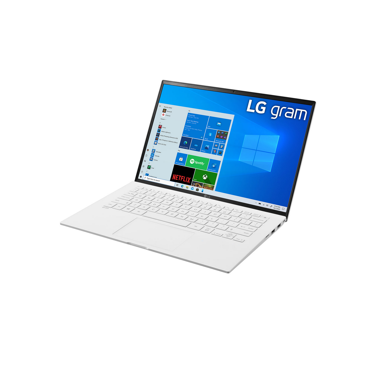 Un portátil blanco con una pantalla que muestra un escritorio con varios iconos de aplicaciones.