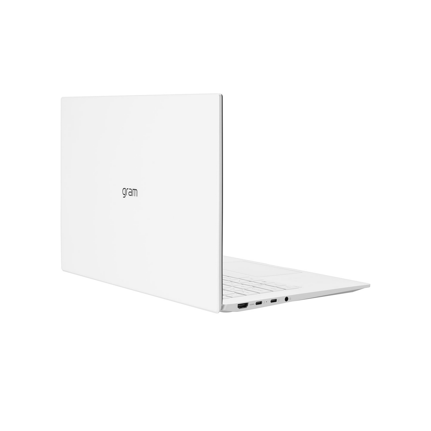 Laptop LG Gram blanco, parcialmente abierto, en ángulo para mostrar teclado y pantalla.