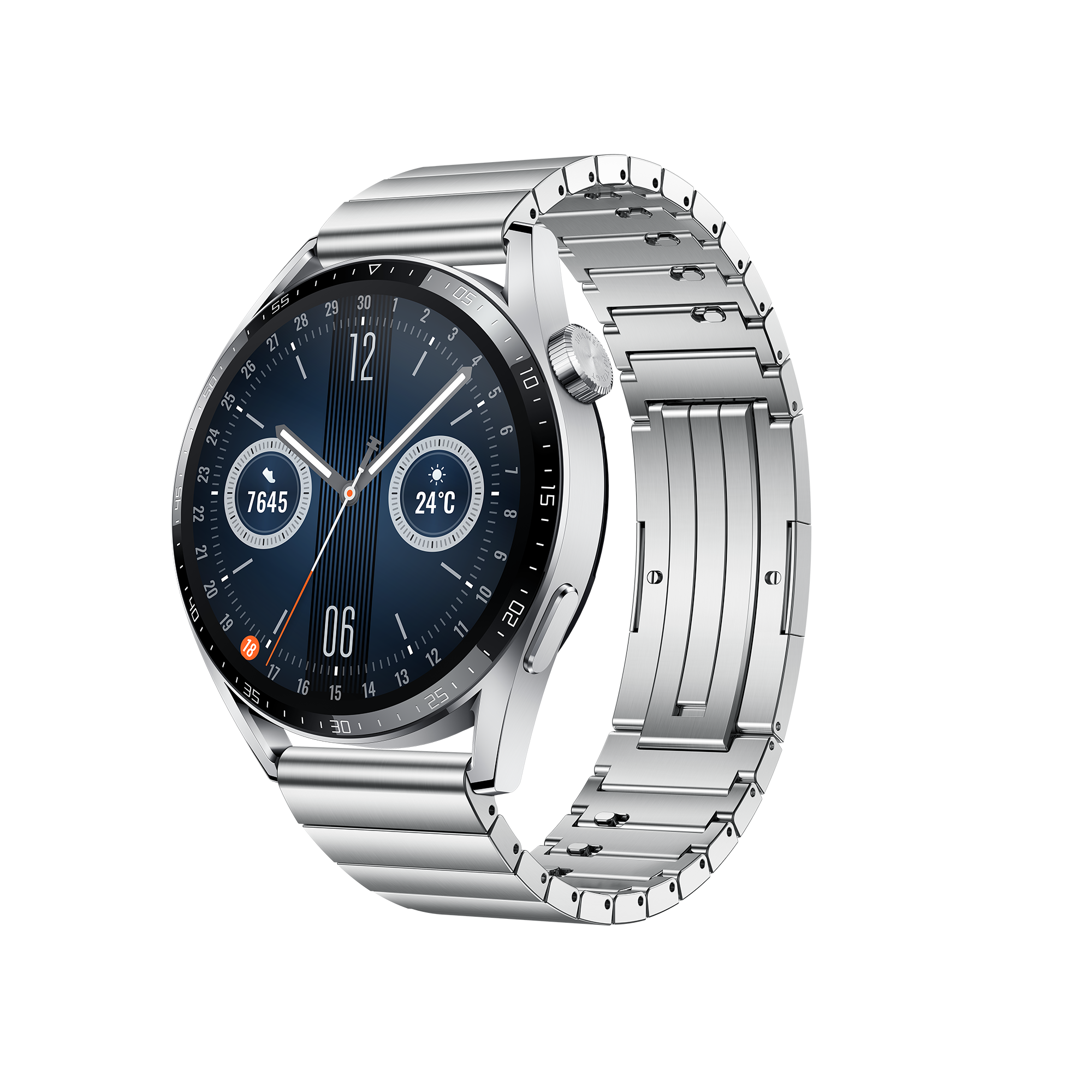 Silberne Smartwatch mit Metallband und dunkelblauem Display.