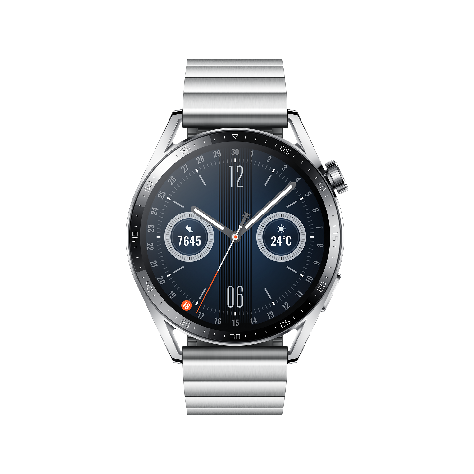 Eine silberne Smartwatch mit dunkelblauem Zifferblatt, die Zeit, Schritte und Temperatur anzeigt.