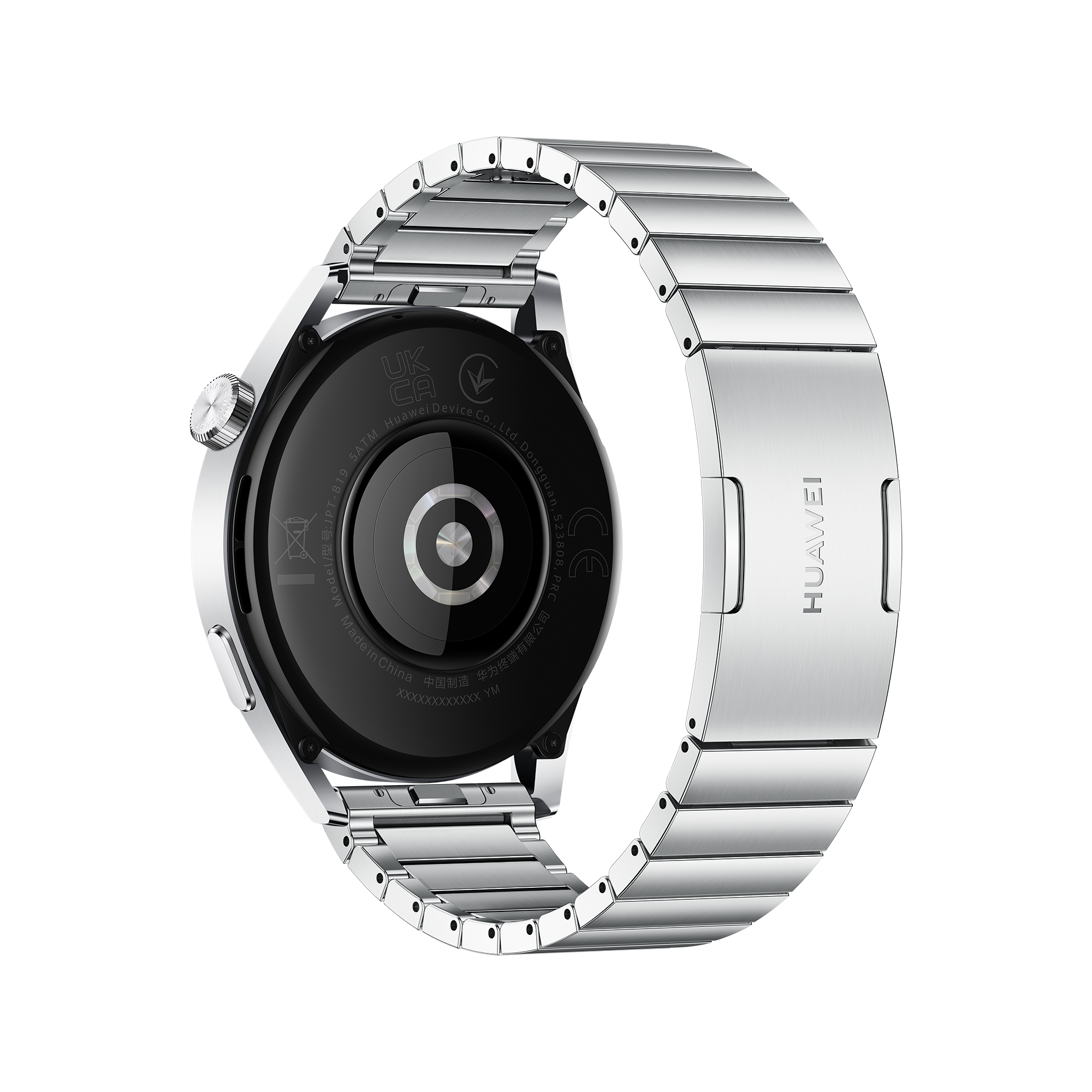 Rückansicht einer Smartwatch mit Metallarmband, zeigt die Unterseite.
