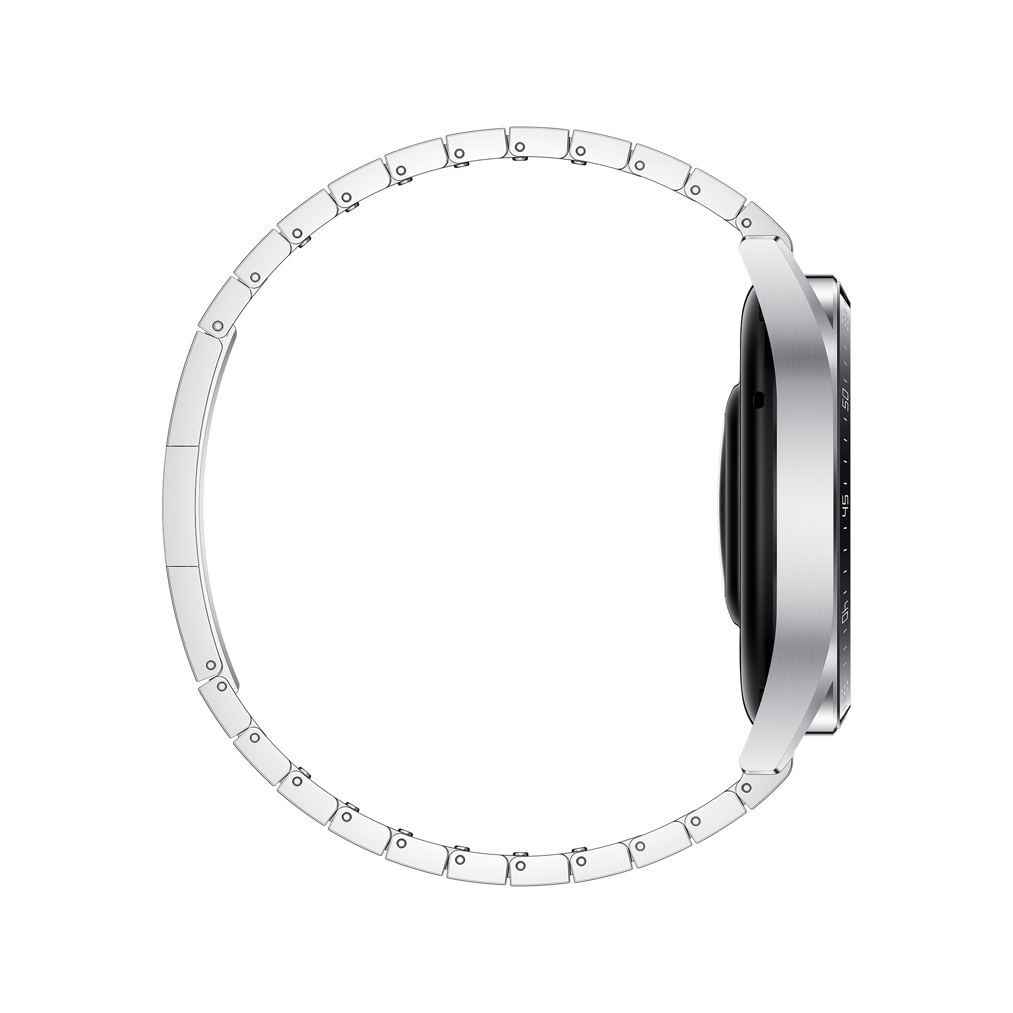 Silberne Armbanduhr mit schwarzem Display und Metallband, isoliert auf schwarzem Hintergrund.