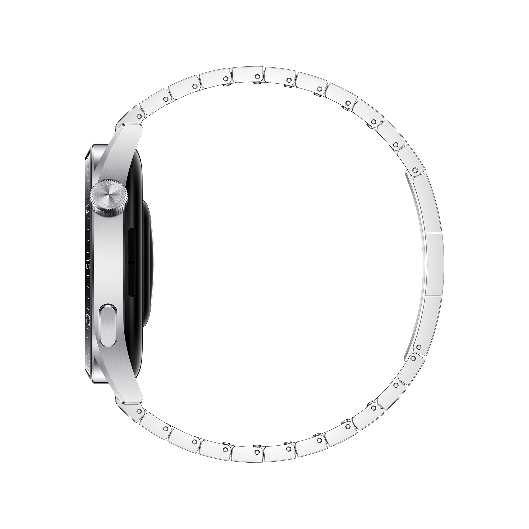 Seitenansicht einer silbernen Smartwatch auf schwarzem Hintergrund.
