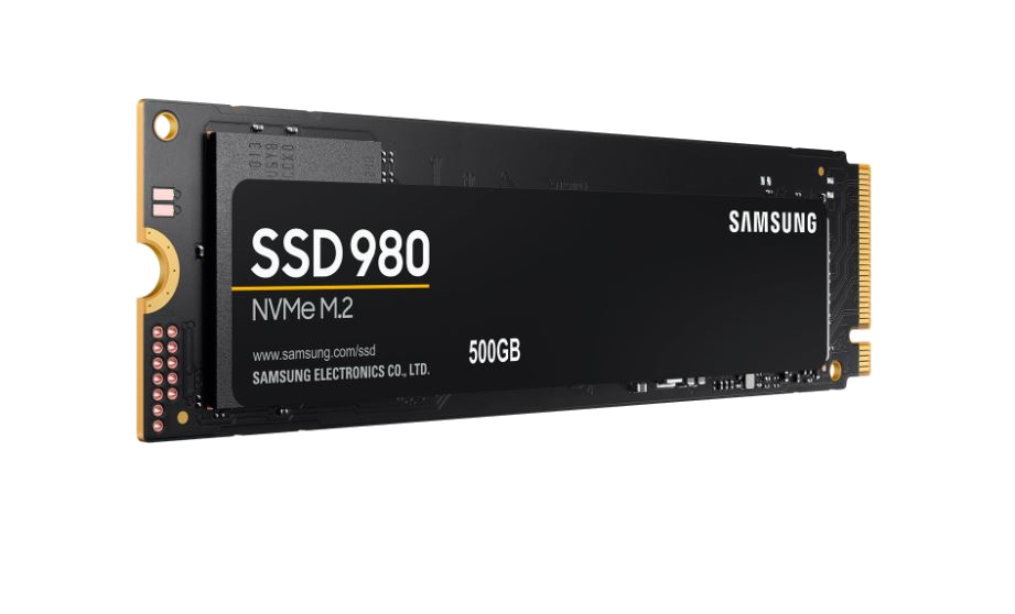 Siyah SSD 980 NVMe M.2 etiketi, siyah ve sarı metin, siyah arka plan üzerinde.