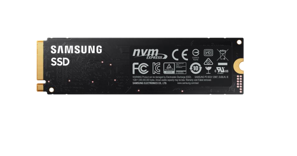 Siyah Samsung SSD, marka adı ve diğer teknik detaylarla siyah bir yüzey üzerinde.