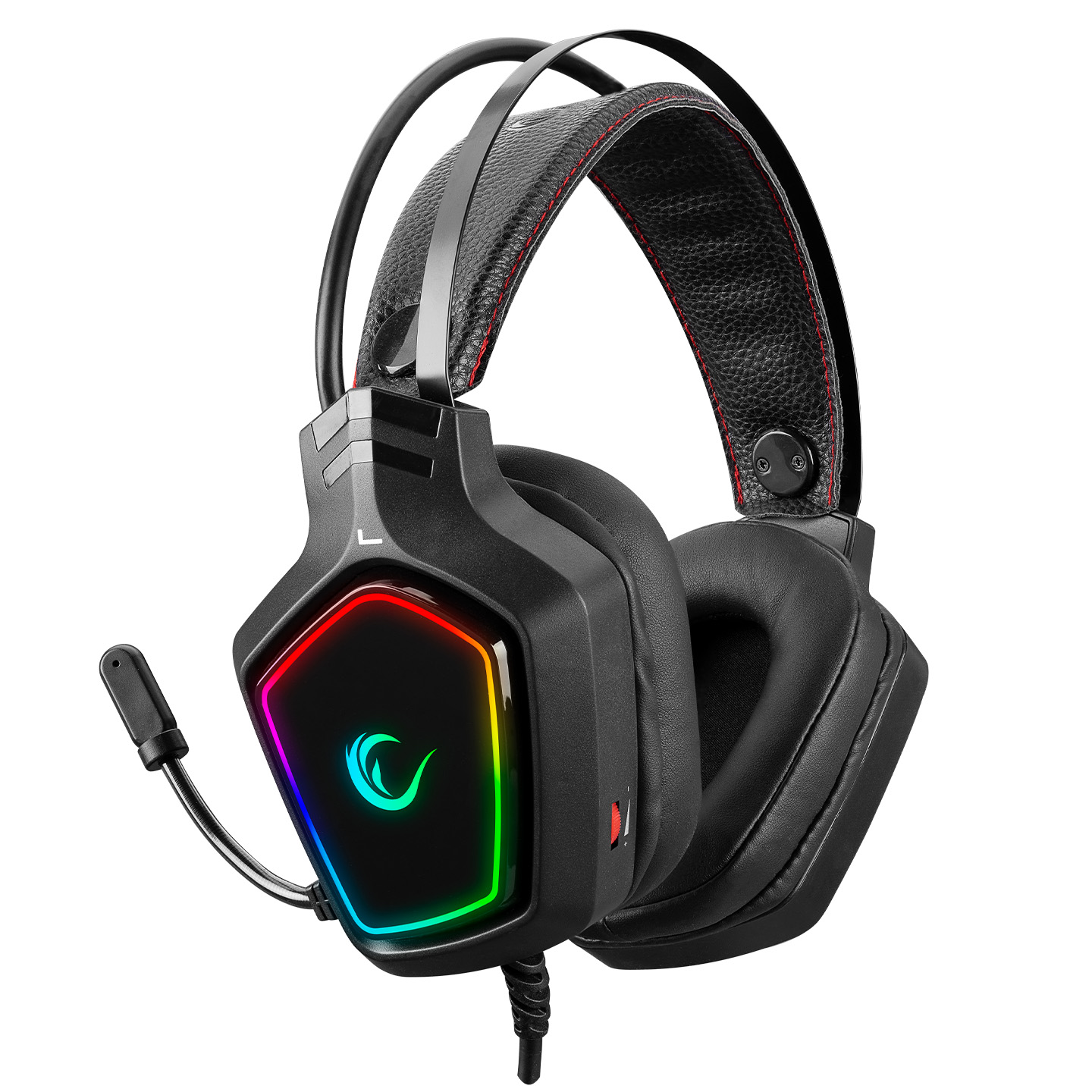 RGB ışıklı siyah oyun kulaklığı. Bir mikrofon takılı.