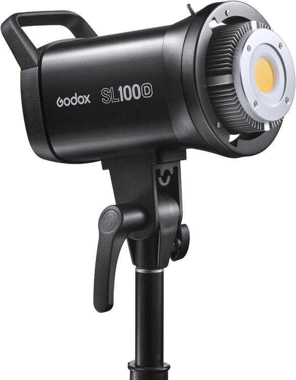 Schwarzes Godox SL1000D-Licht. Der Ständer ist schwarz. Das Licht hat eine silberne Vorderseite und ist isoliert.
