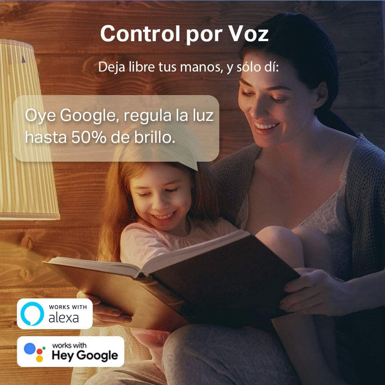 Madre e hija leyendo un libro juntas. El texto dice 'Control por Voz' y 'Hey Google' y 'Alexa'.