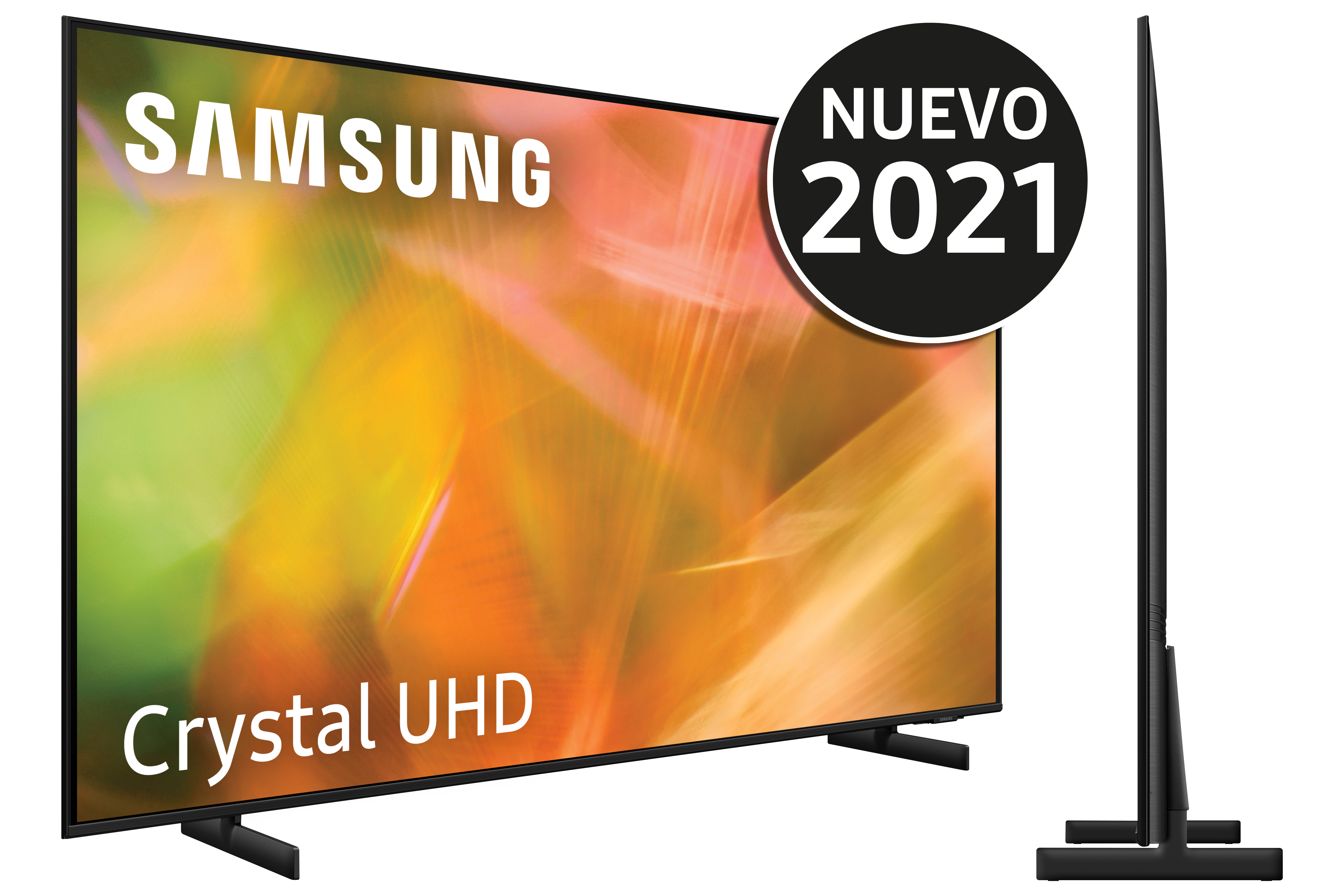 Pantalla de TV grande con texto 'Crystal UHD' y 'Nuevo 2021' sobre fondo negro.