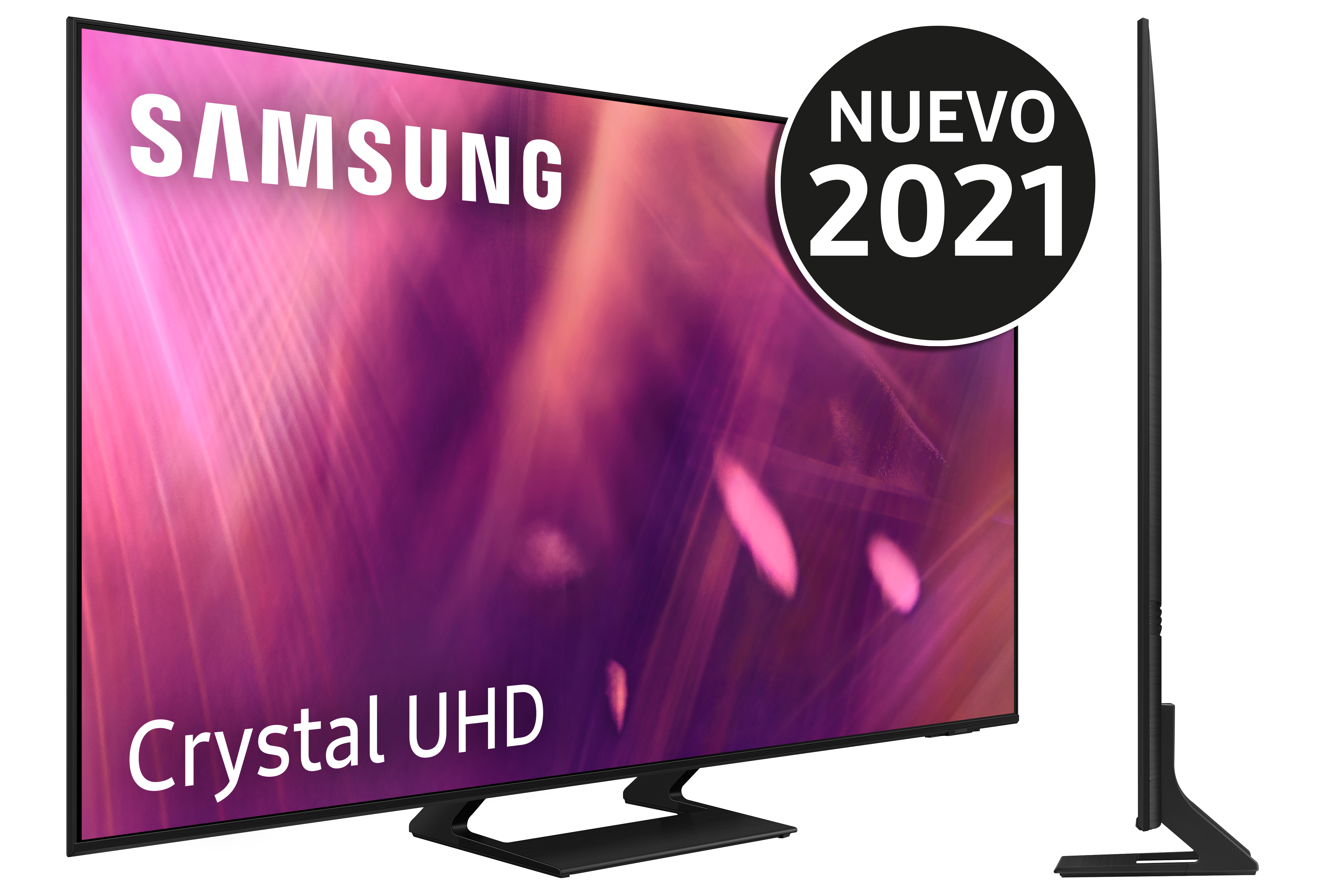 Un televisor Samsung Crystal UHD grande con una imagen rosa en la pantalla, junto a una vista lateral.