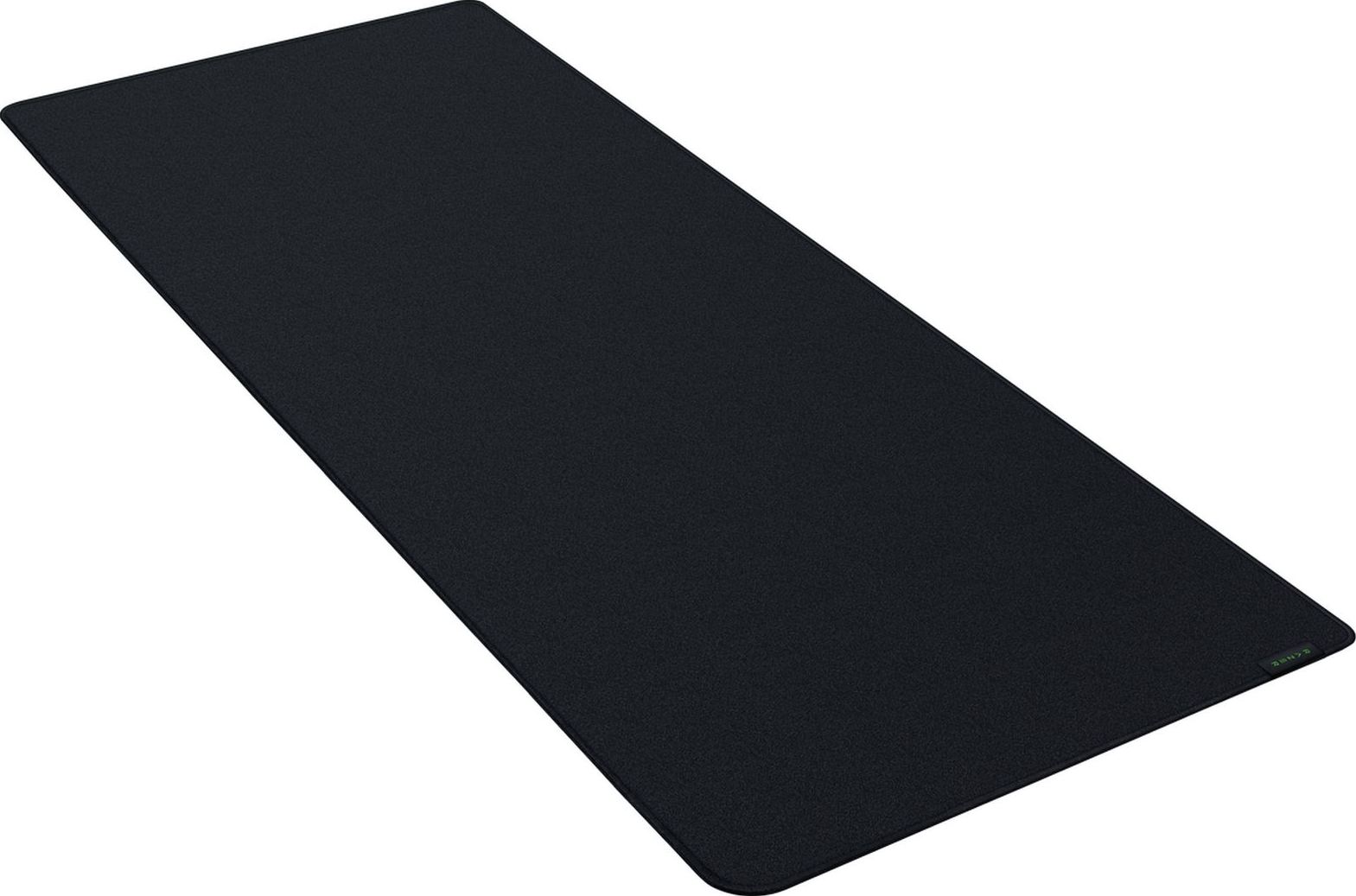 Ein großes schwarzes Razer-Mauspad, rechteckig, liegt flach auf einer Oberfläche. Ein kleines grünes Logo ist unten rechts.