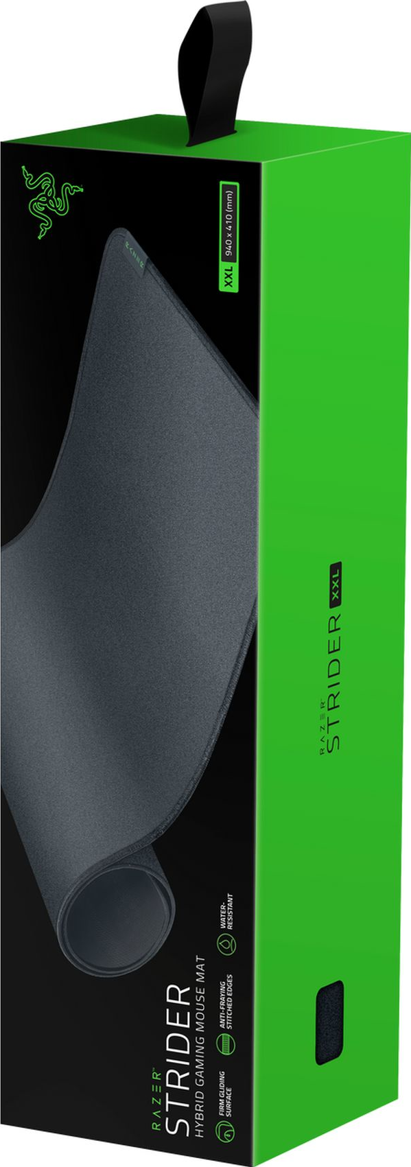 Eine grüne Razer Strider Mauspad-Box, mit einem grauen Mauspads sichtbar.