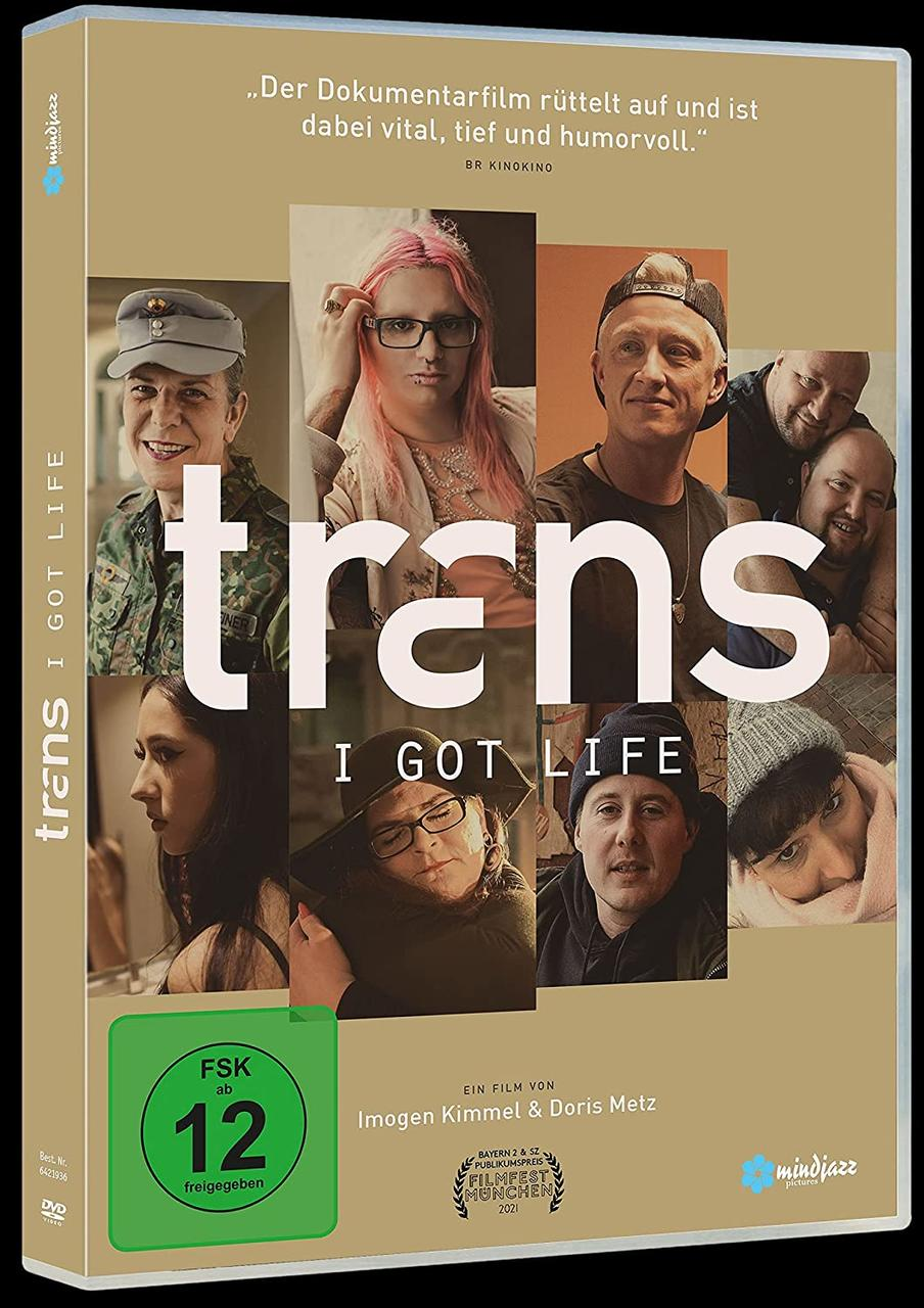 DVD-Hülle mit einer Collage von Gesichtern und dem Titel 'trans I GOT LIFE' auf gelbbraunem Hintergrund.