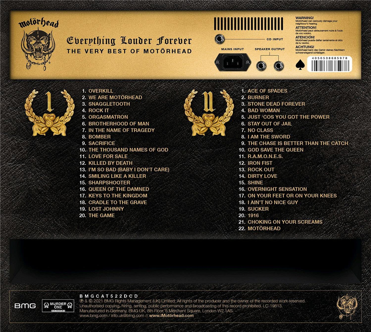 Rückseite eines Motorhead-Albums, schwarz, mit Songtiteln und Bandlogo.