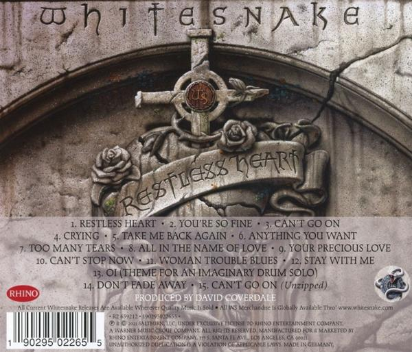 Whitesnake's Restless Heart albumcover. Bevat tracklijst en albumdetails. Witte achtergrond.